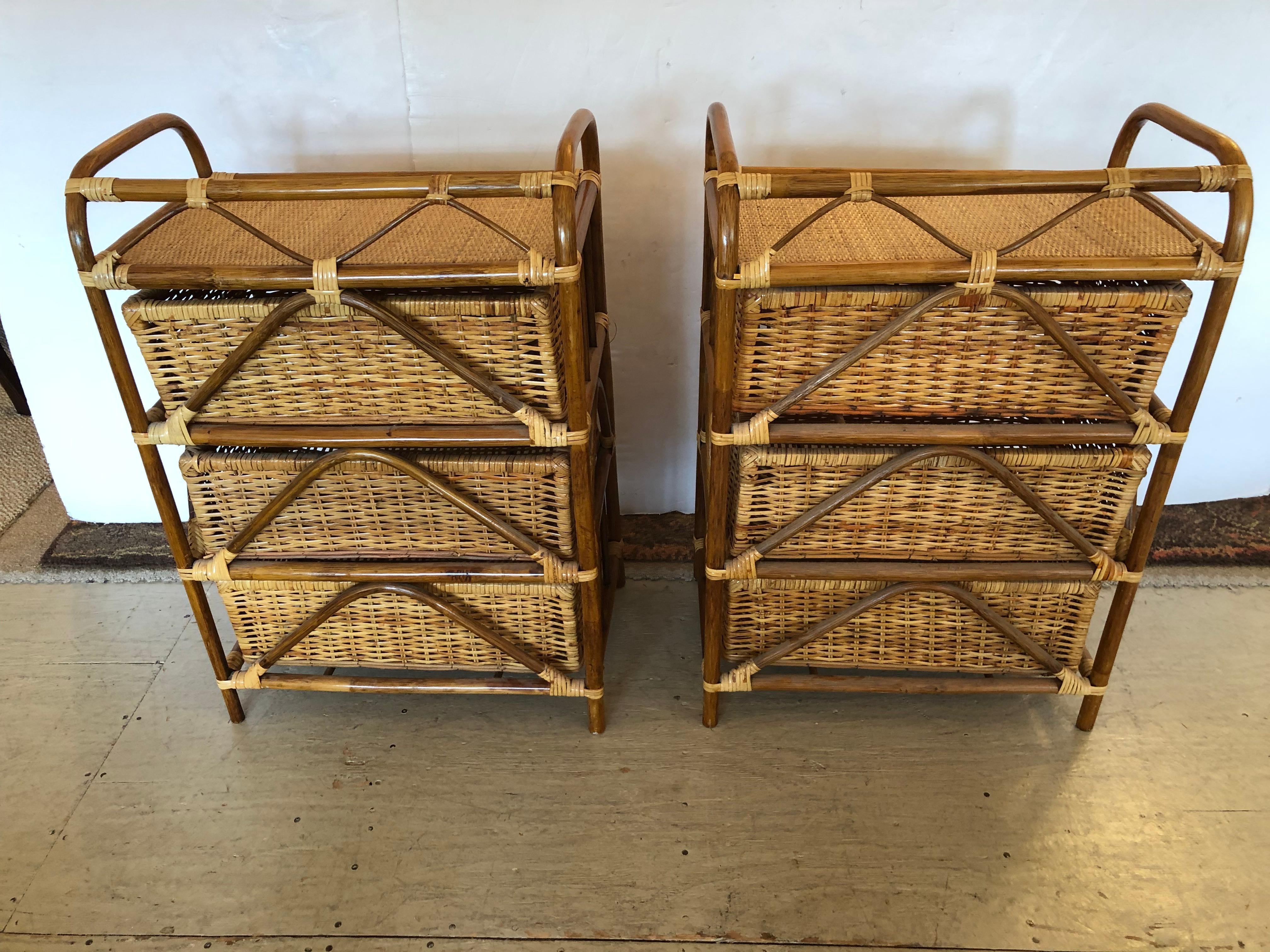Pair of Natural Rattan and Wicker Night Stands with 3 Drawers For Sale 2