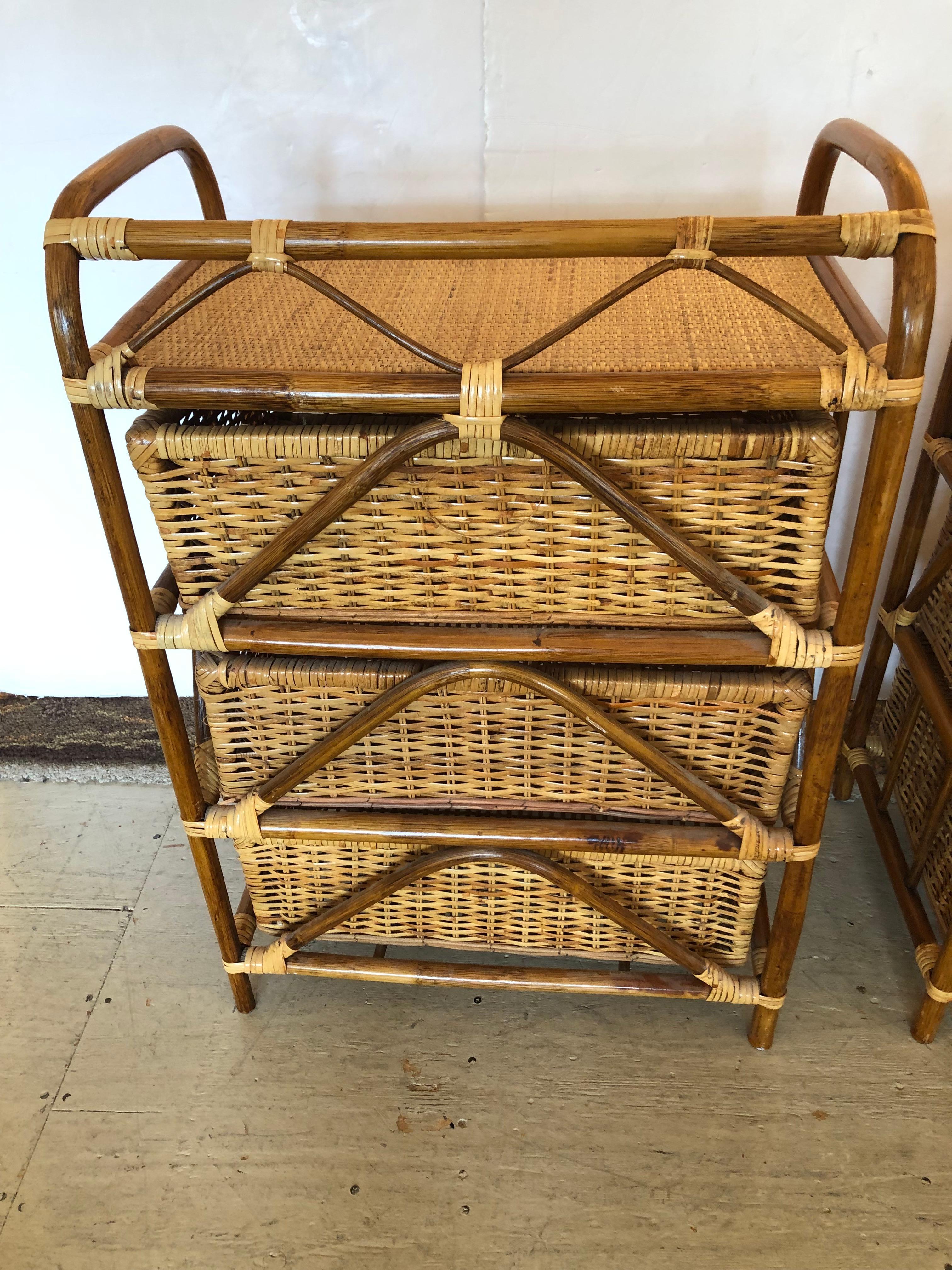 Pair of Natural Rattan and Wicker Night Stands with 3 Drawers For Sale 3