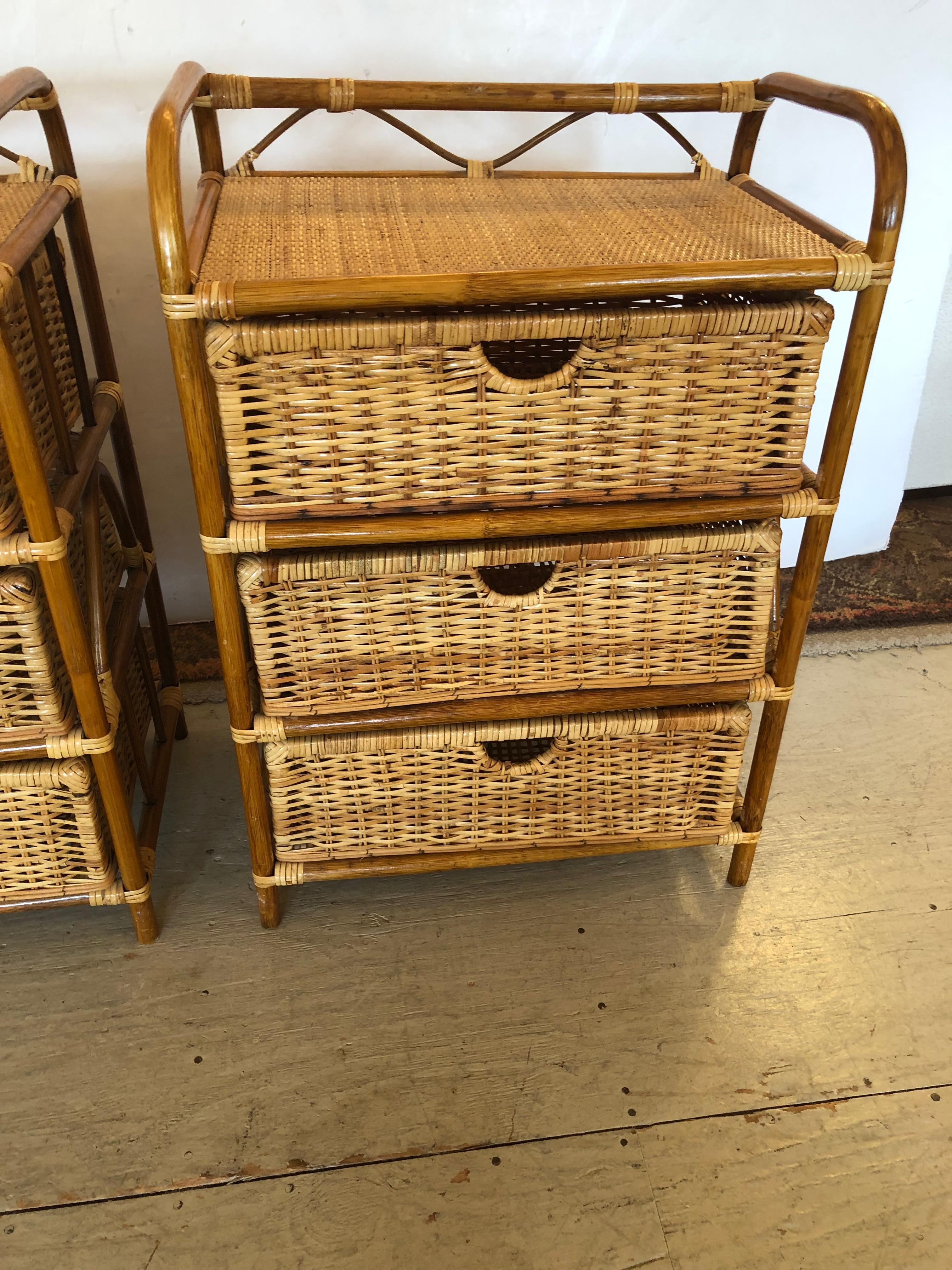 East Hampton-ish pair of natural rattan and wicker night stands having 3 drawers in each.  Height to top surface is 28