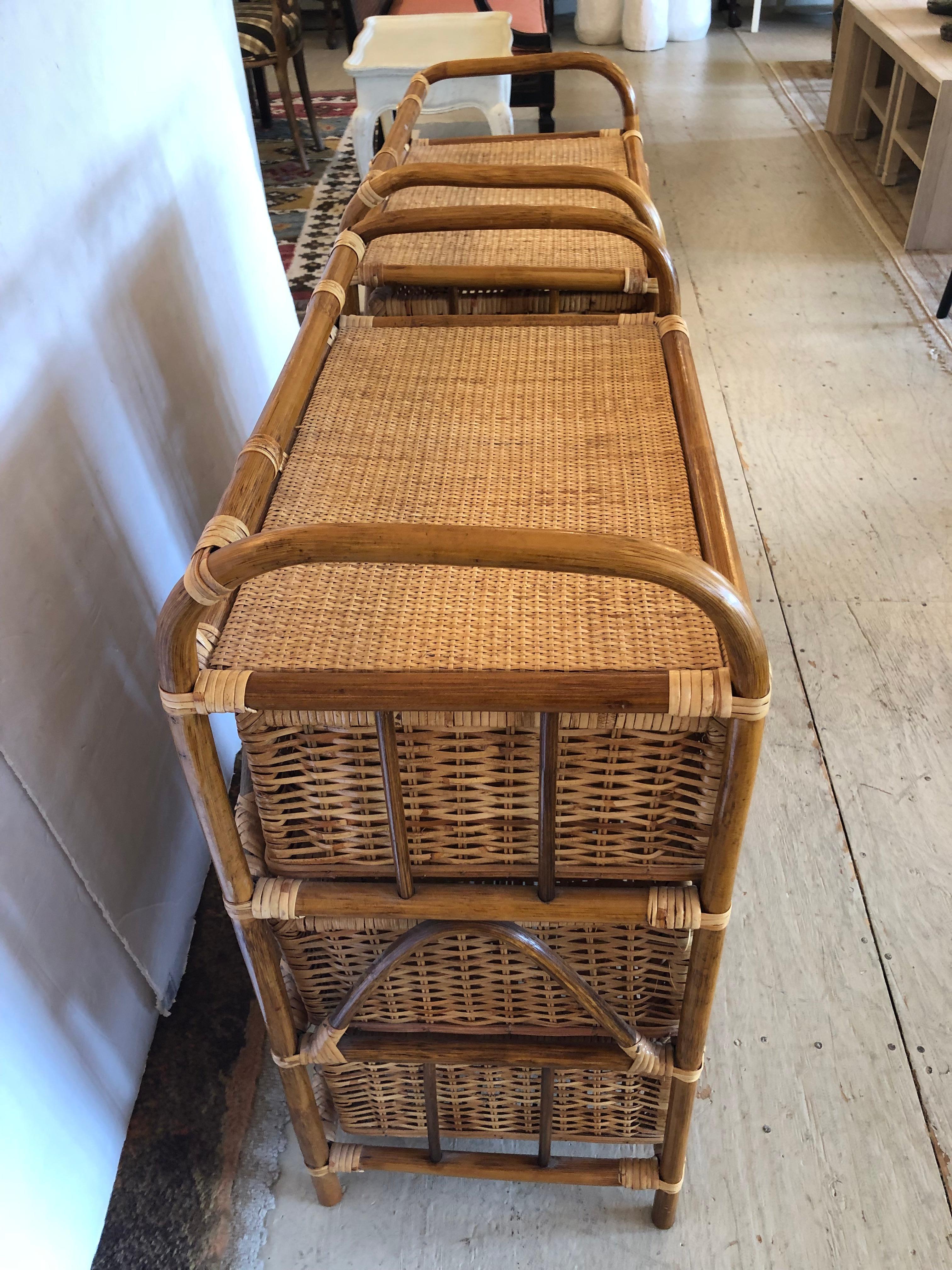 Pair of Natural Rattan and Wicker Night Stands with 3 Drawers For Sale 1