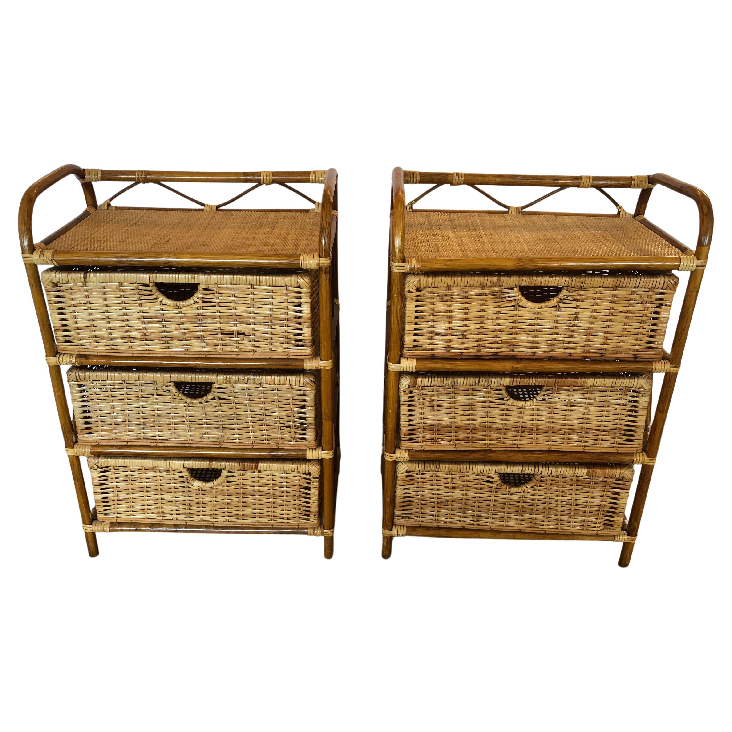 Pair of Natural Rattan and Wicker Night Stands with 3 Drawers For Sale