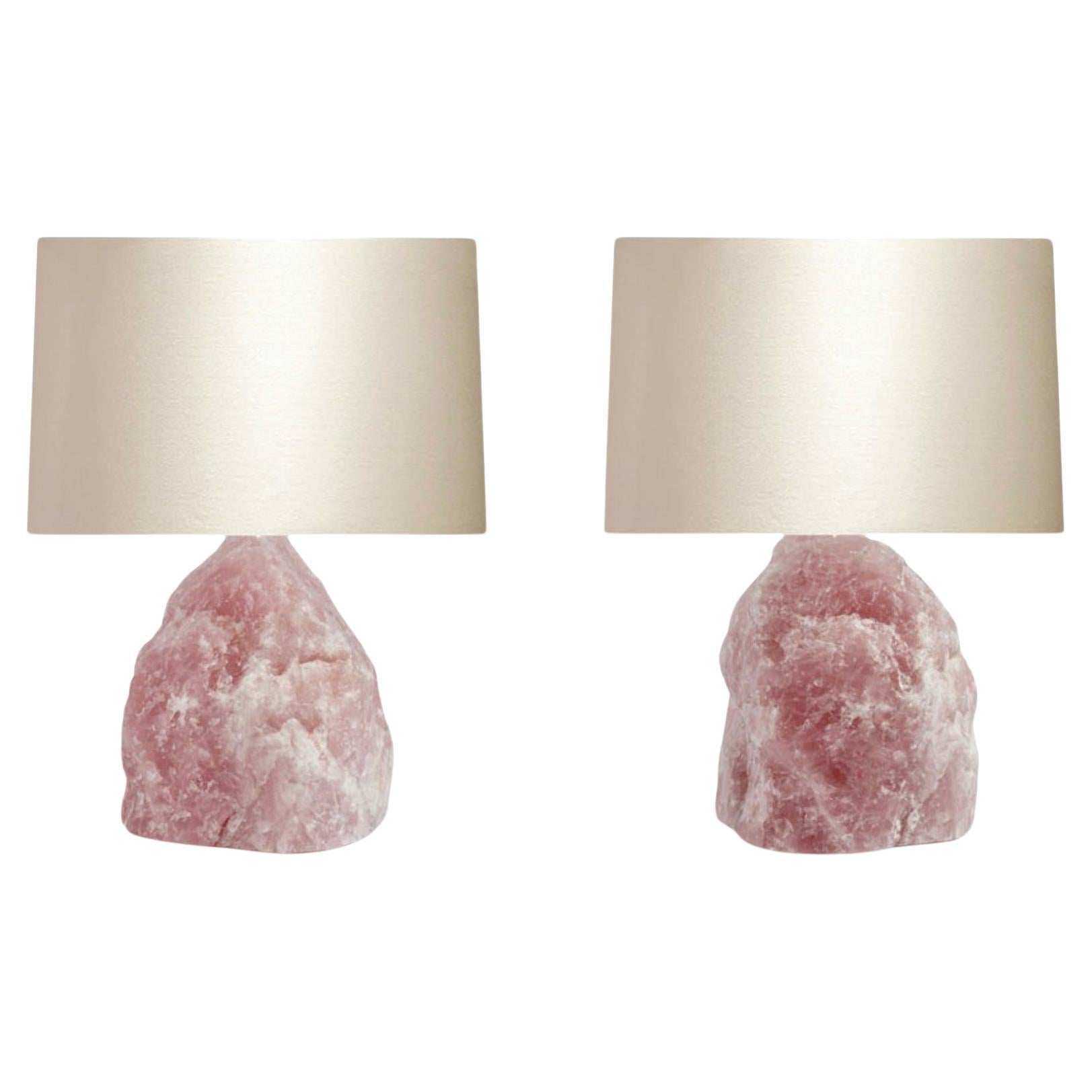 Pair of Natural Rose Quartz Rock Crystal Lamps  For Sale