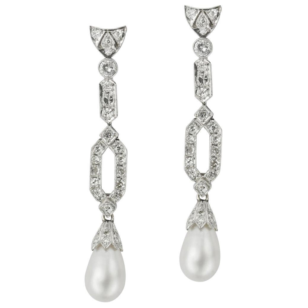 Pair of Natural Saltwater Pearl and Diamond Drop Earrings