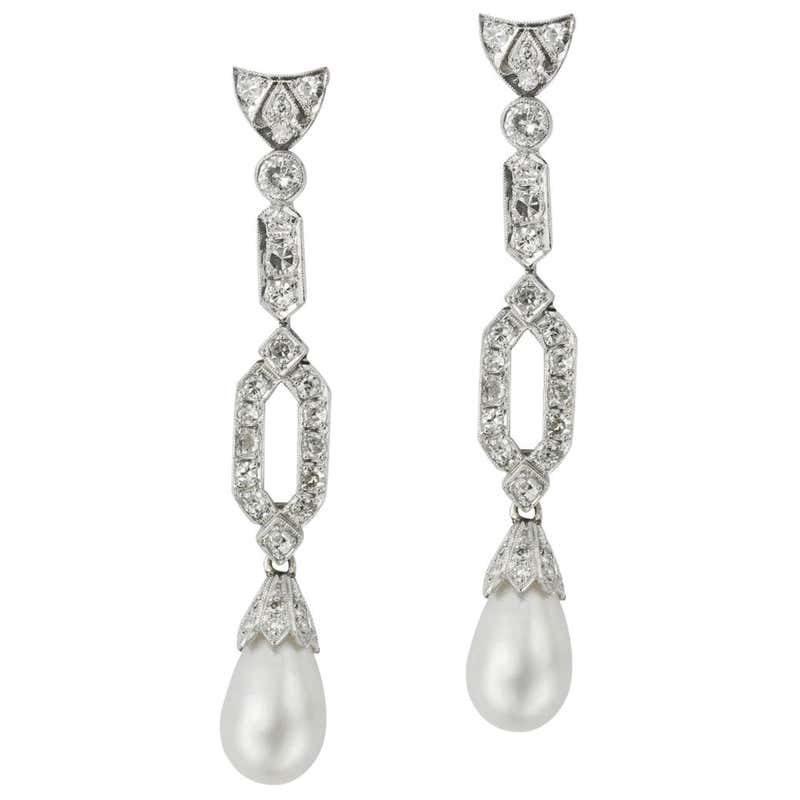 Pair of Natural Pearl and Diamond Drop Earrings For Sale at 1stDibs