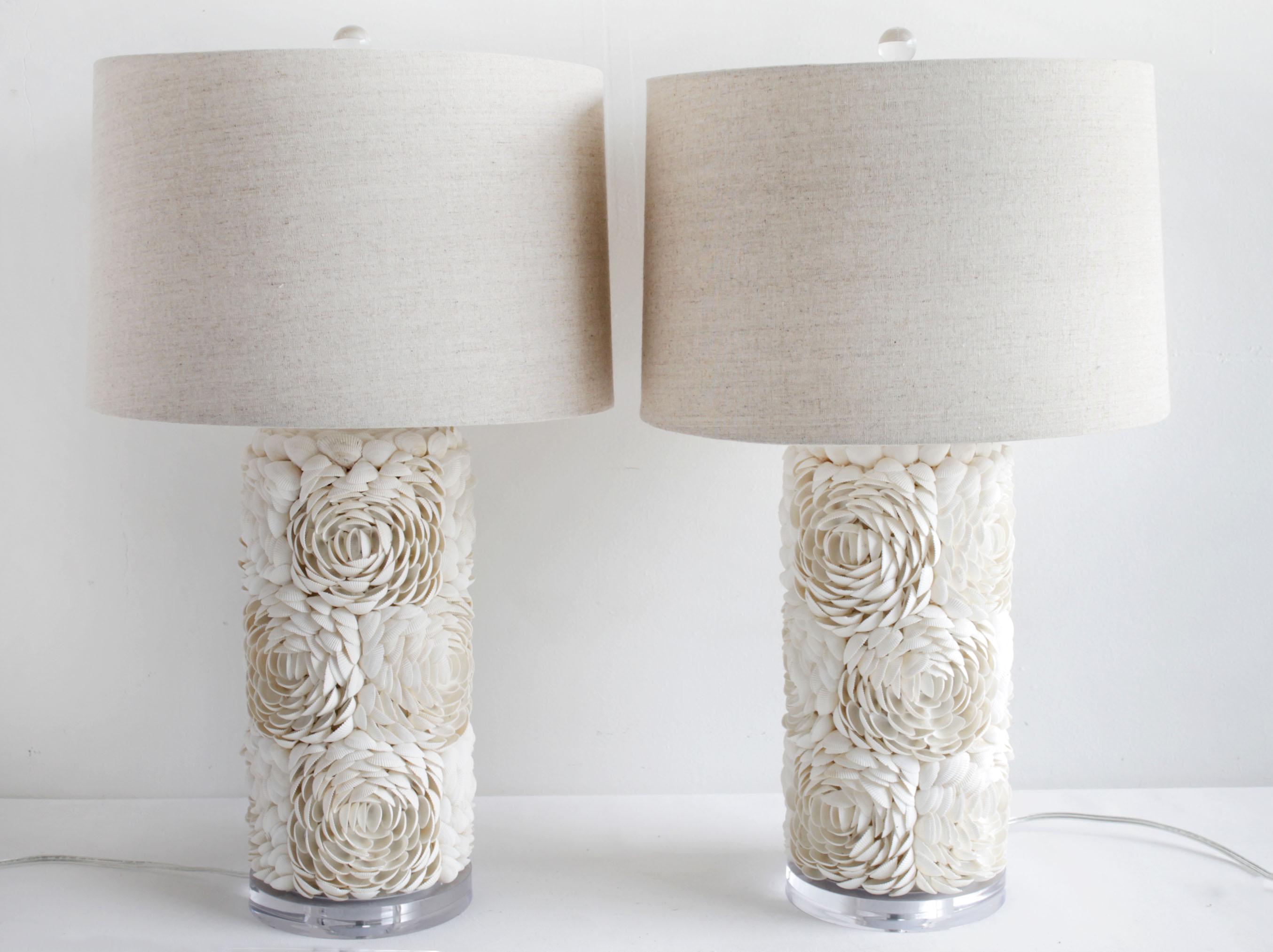 Pair of Natural Sea Shell Lamps with Linen Shades 4