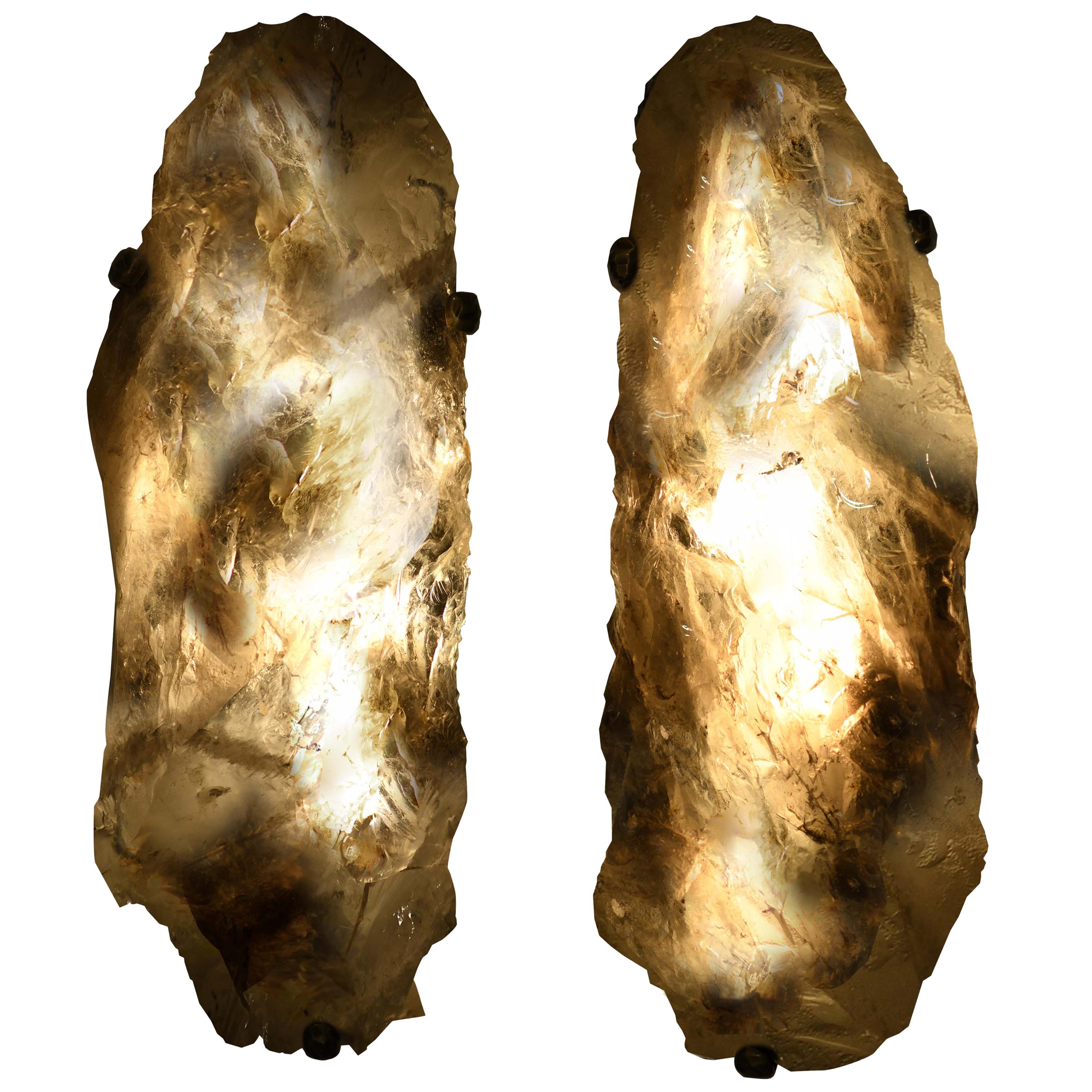 Pair of Natural Smoky Rock Crystal Sconces by Phoenix For Sale
