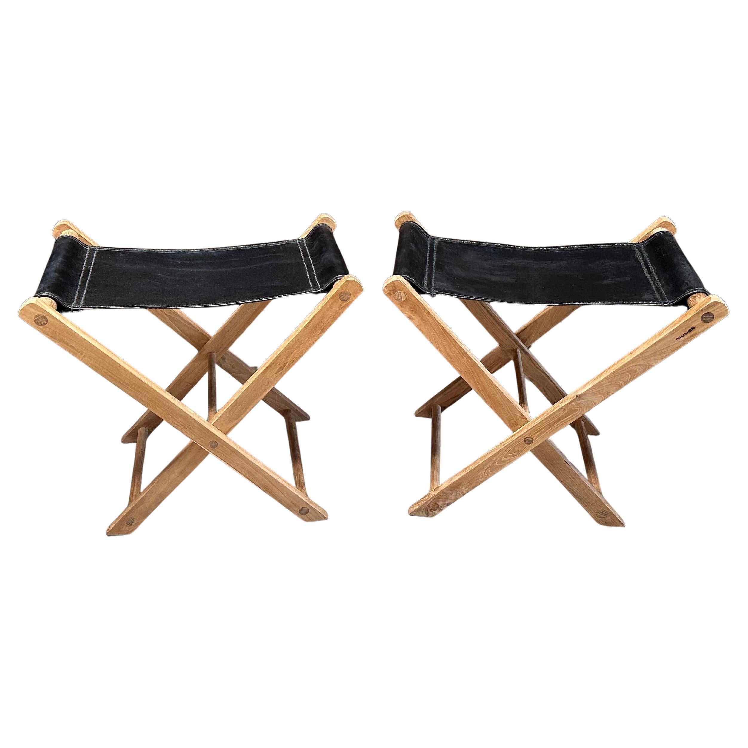 Pair Of Natural Teak and Black Leather Foldable Stools For Sale