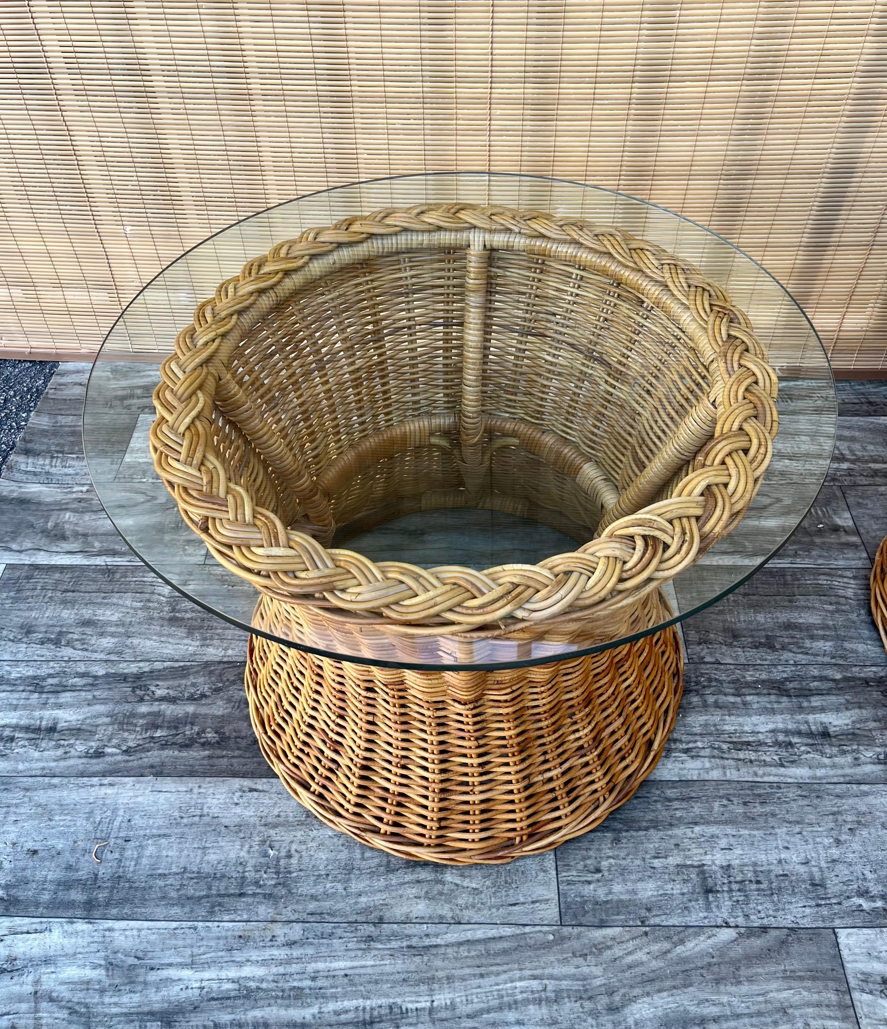 Pair of Natural Wicker/Rattan Coastal Style Round Side Tables. Circa 1970s 4