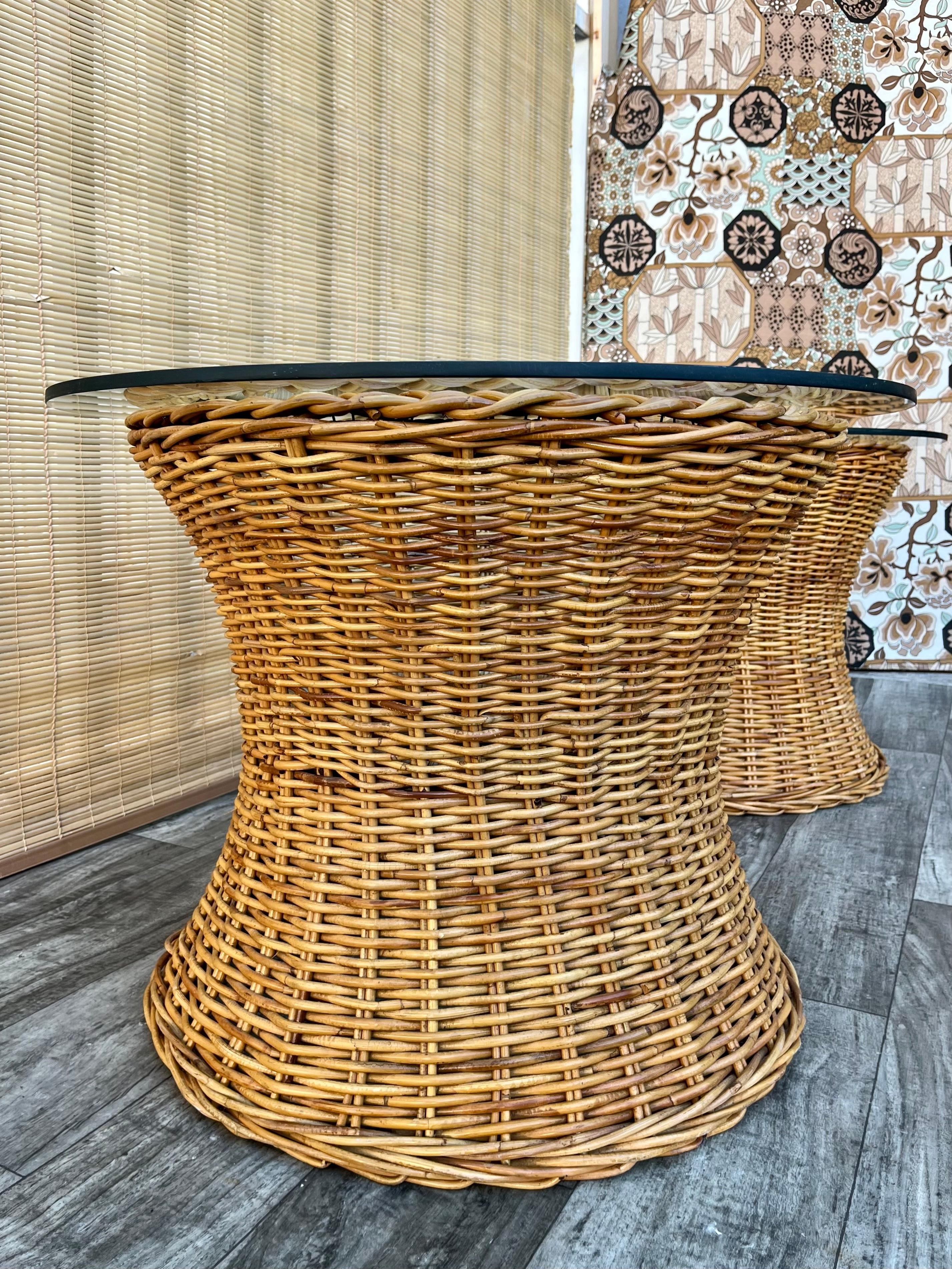 Pair of Natural Wicker/Rattan Coastal Style Round Side Tables. Circa 1970s 5
