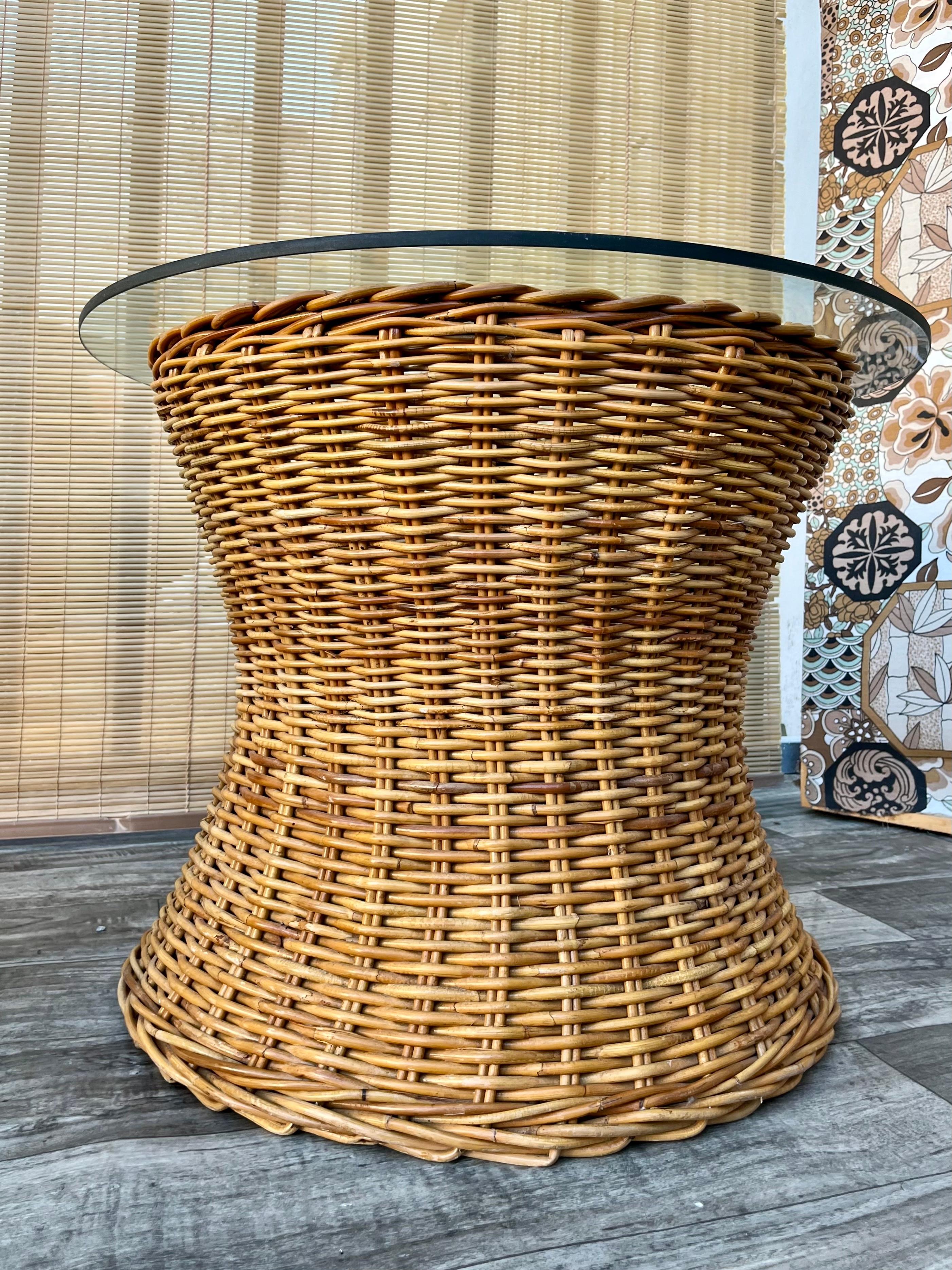 Pair of Natural Wicker/Rattan Coastal Style Round Side Tables. Circa 1970s 6