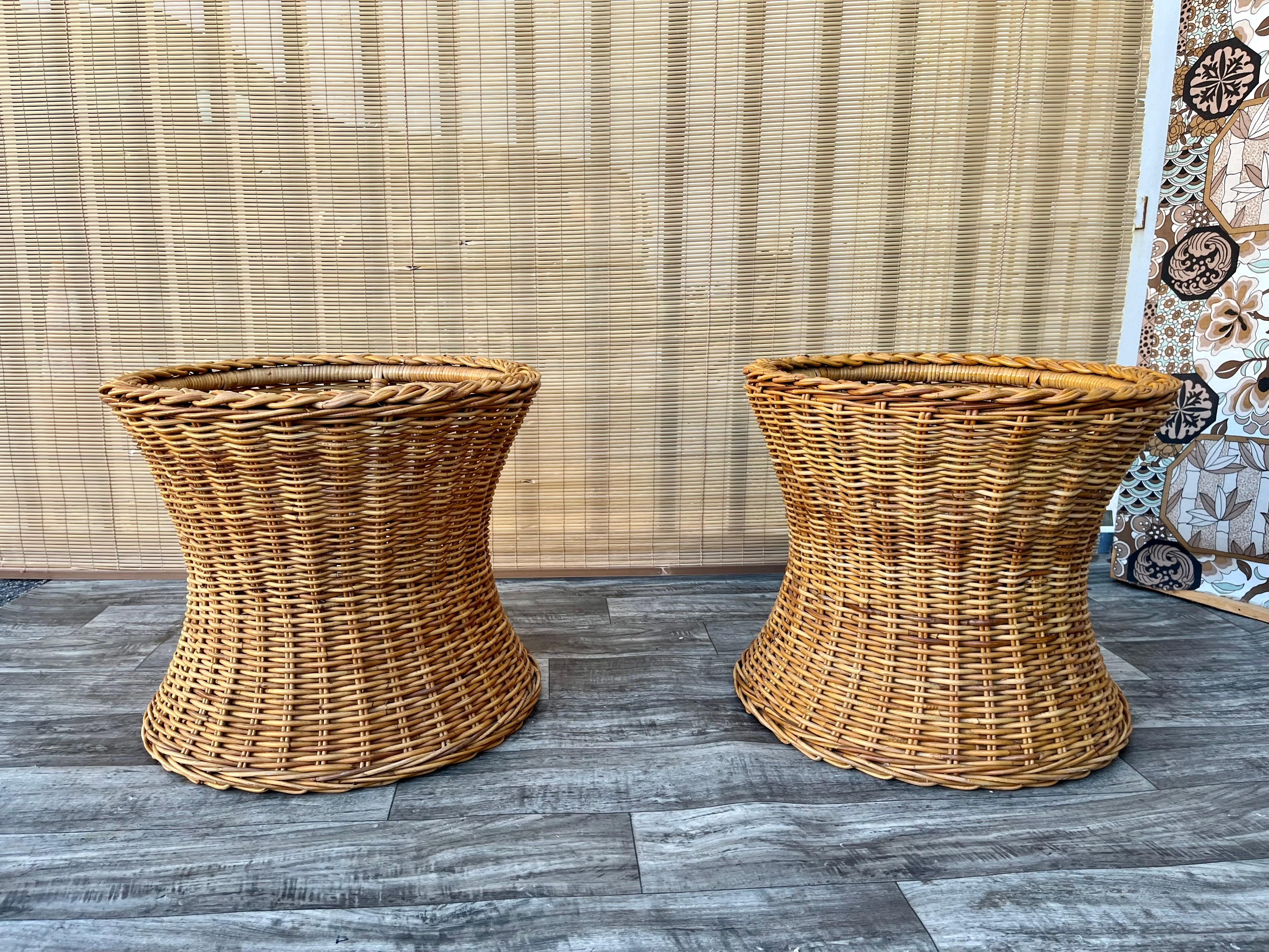 Pair of Natural Wicker/Rattan Coastal Style Round Side Tables. Circa 1970s 8