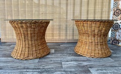Pair of Natural Wicker/Rattan Coastal Style Round Side Tables. Circa 1970s