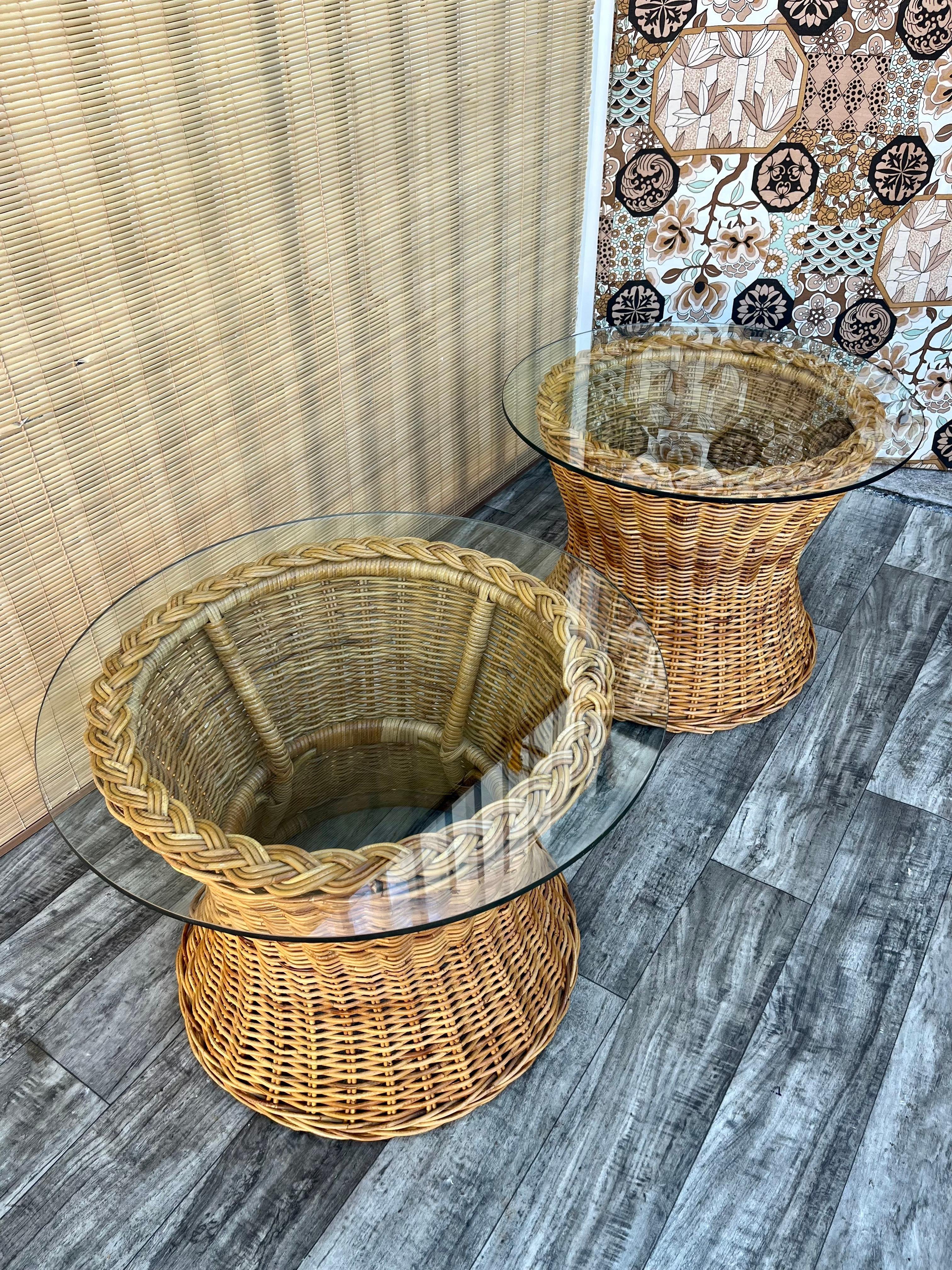 Bohemian Pair of Natural Wicker/Rattan Coastal Style Round Side Tables. Circa 1970s