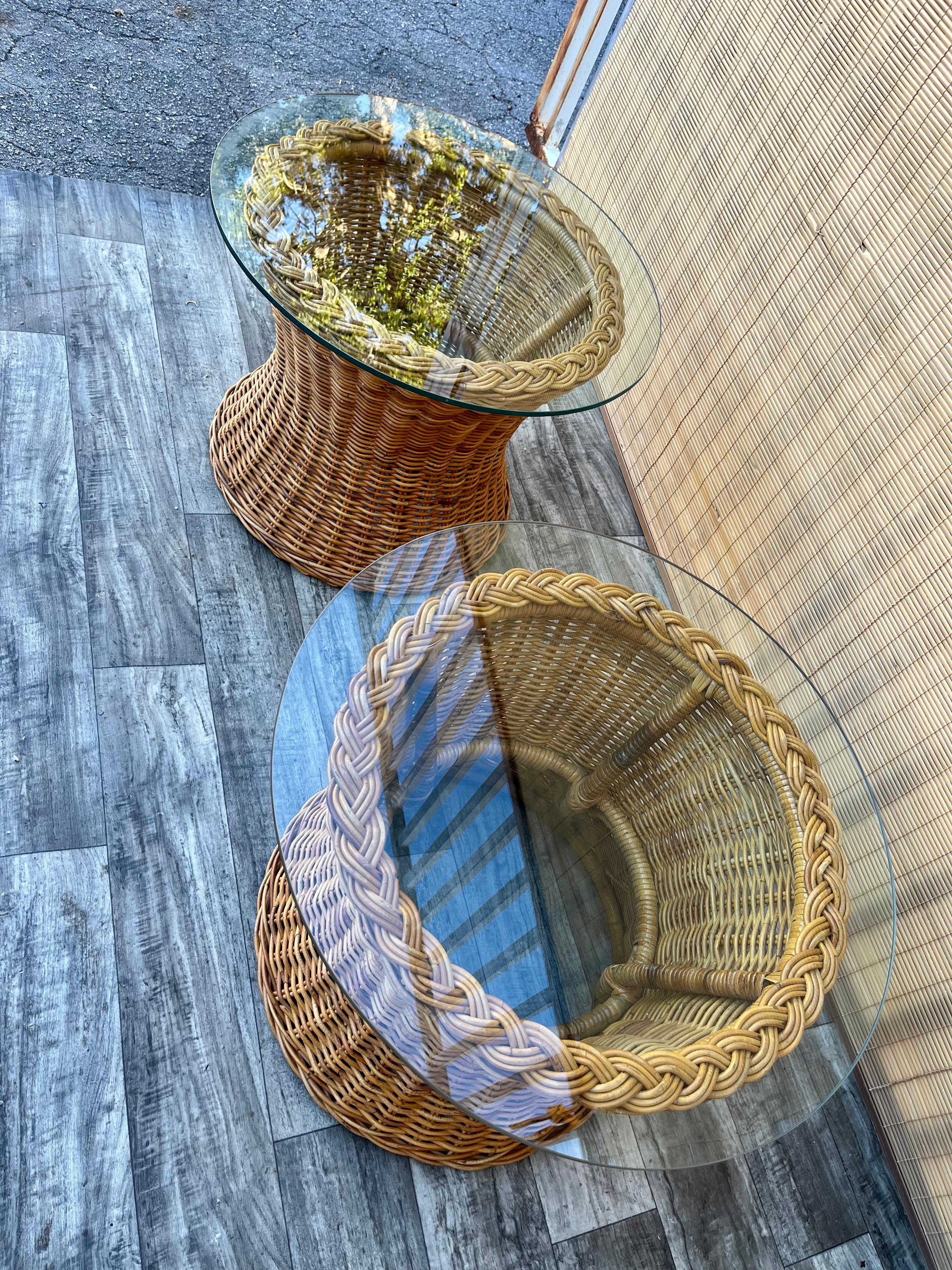 Hong Kong Pair of Natural Wicker/Rattan Coastal Style Round Side Tables. Circa 1970s