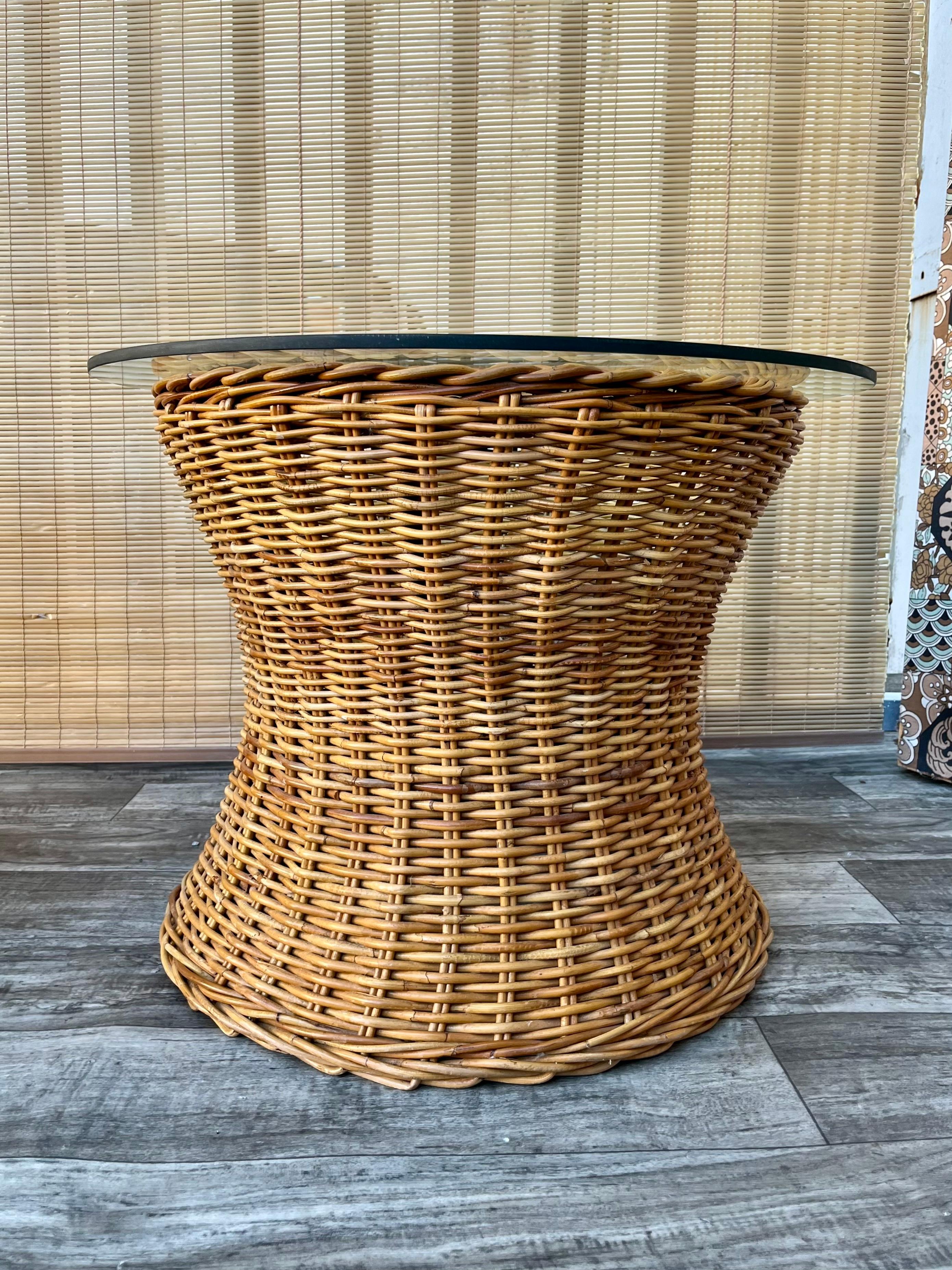 Late 20th Century Pair of Natural Wicker/Rattan Coastal Style Round Side Tables. Circa 1970s