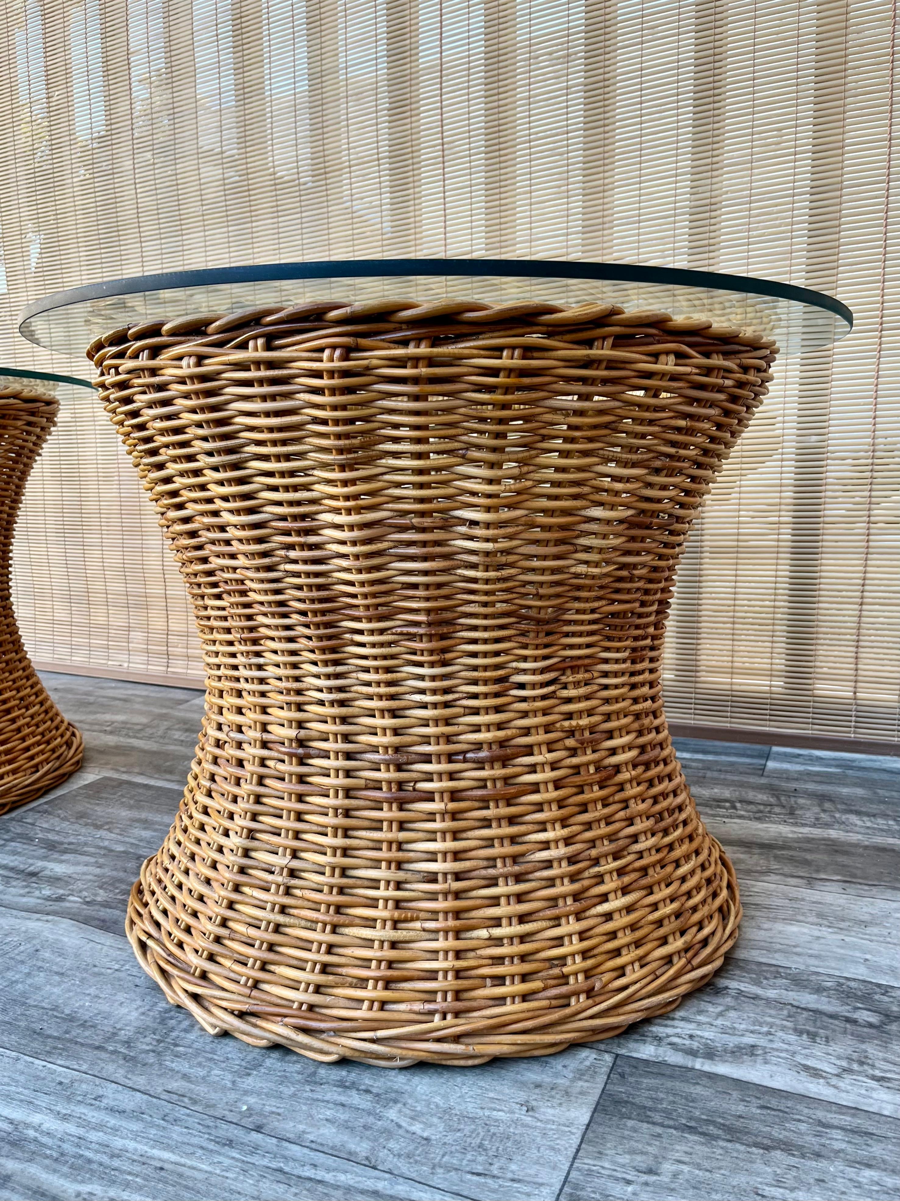Pair of Natural Wicker/Rattan Coastal Style Round Side Tables. Circa 1970s 1