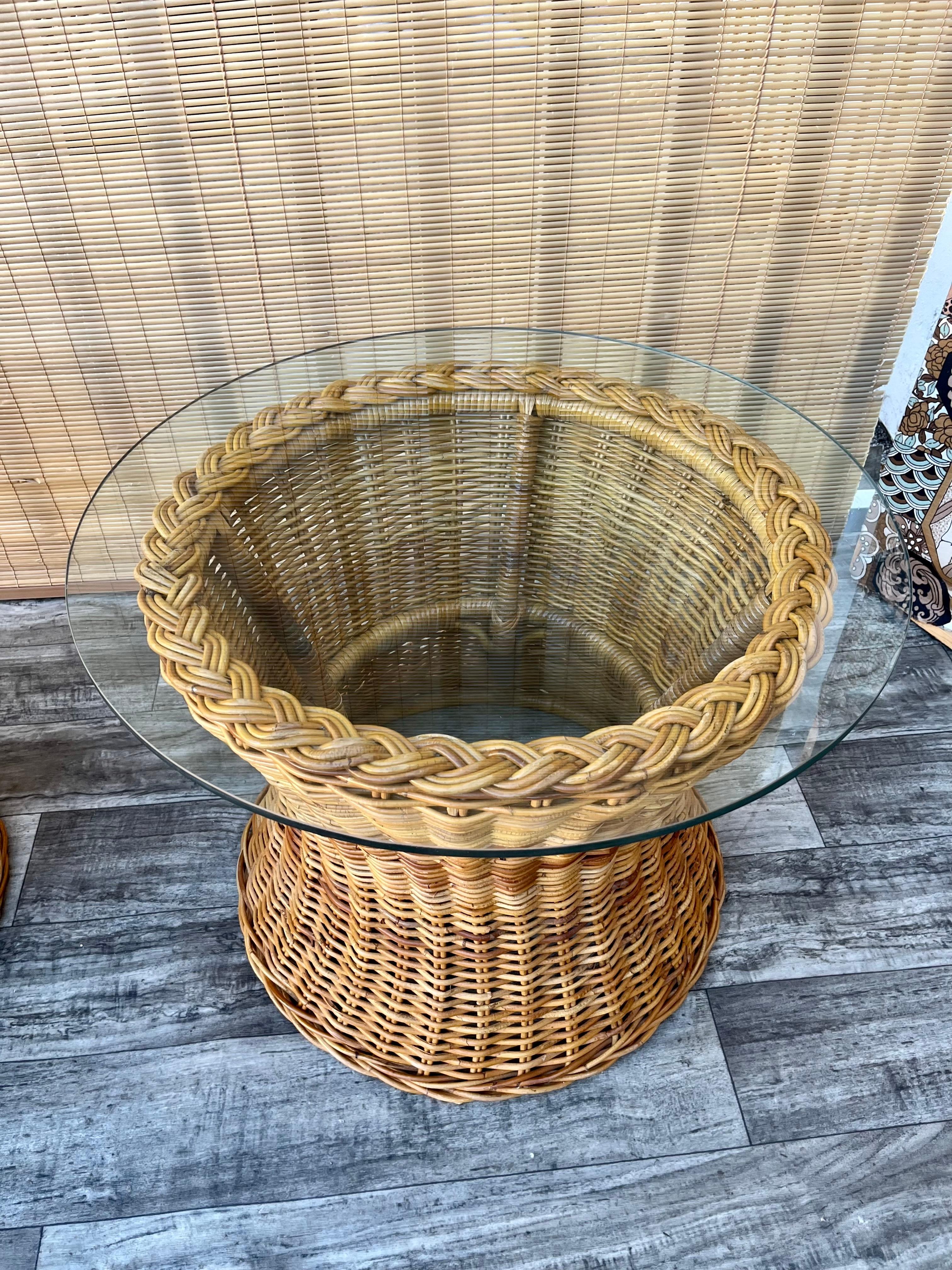 Pair of Natural Wicker/Rattan Coastal Style Round Side Tables. Circa 1970s 3