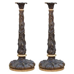 Antique Pair of Naturalist Bronze and Gold Candle Stick Holders with Flowing Leaves