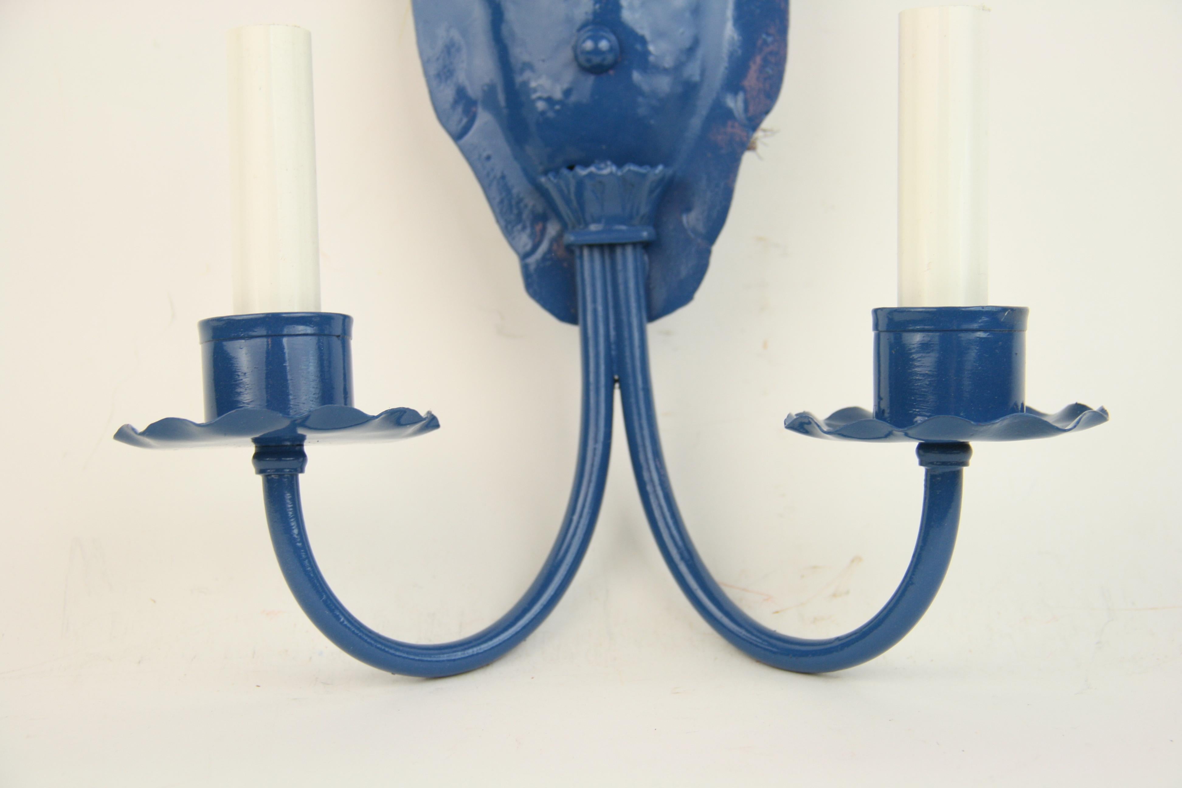 Pair of Nautical Blue Sconces In Good Condition In Douglas Manor, NY