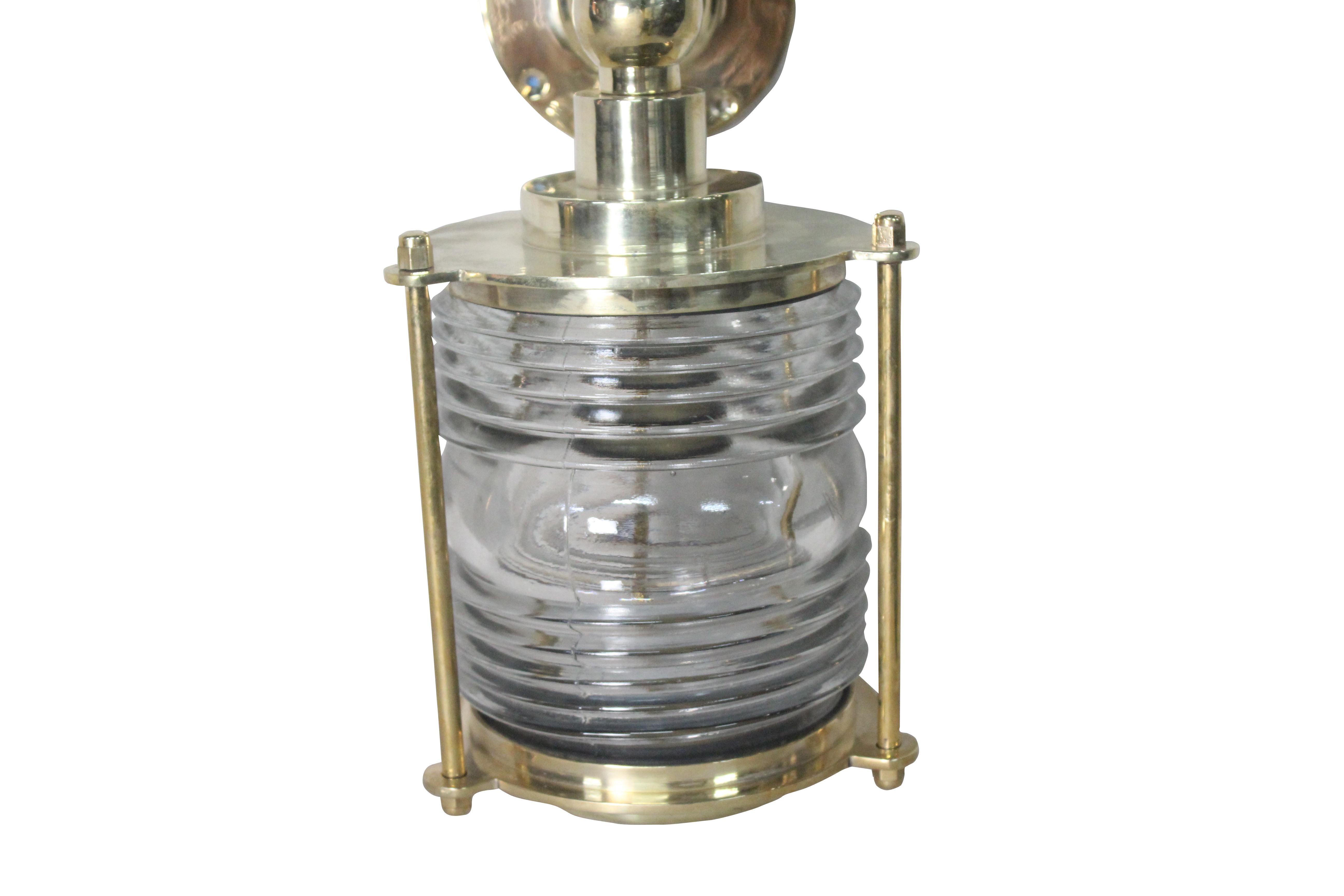 European Pair of Nautical Brass and Fresnel Lens Ship's Post Lights