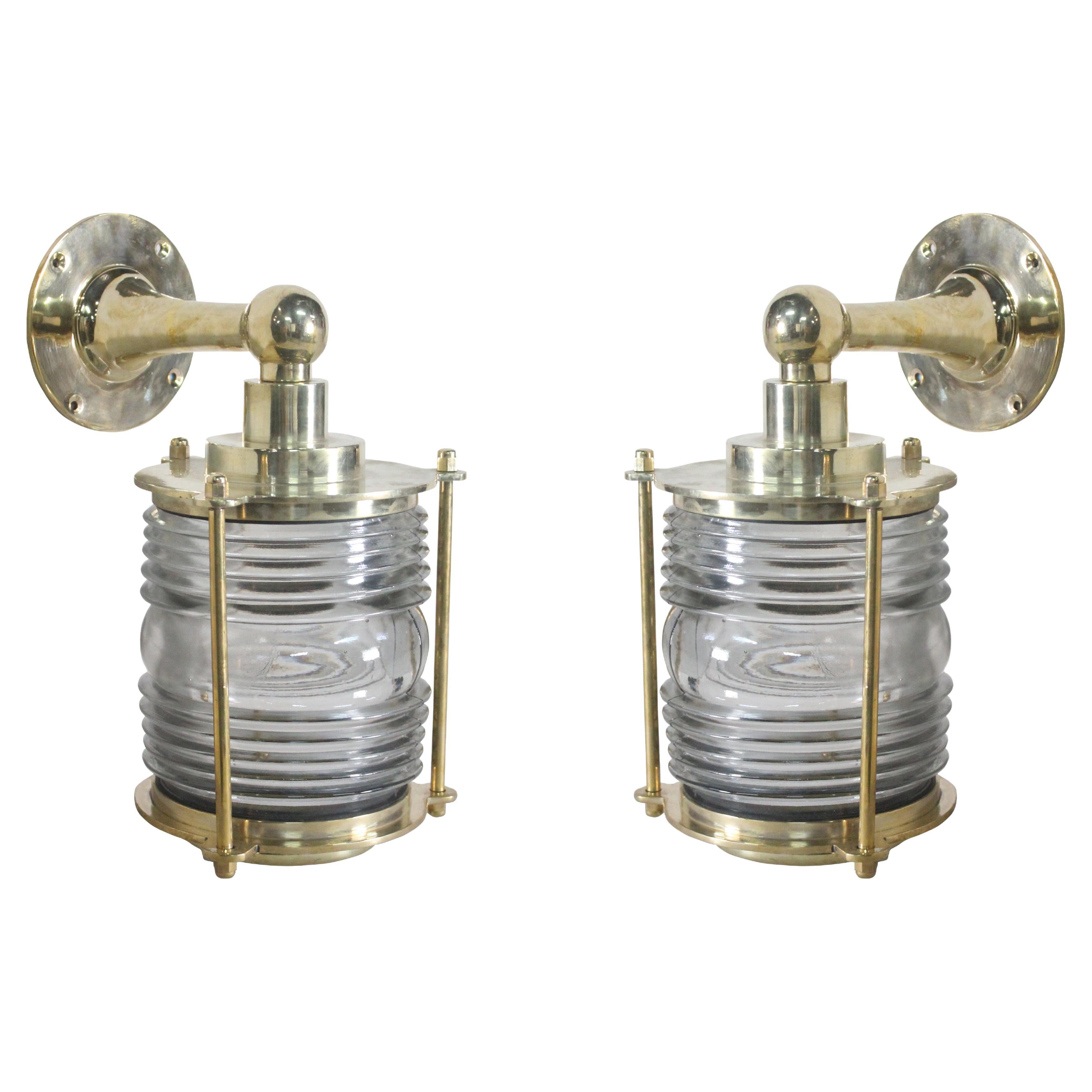 Pair of Nautical Brass and Fresnel Lens Ship's Post Lights