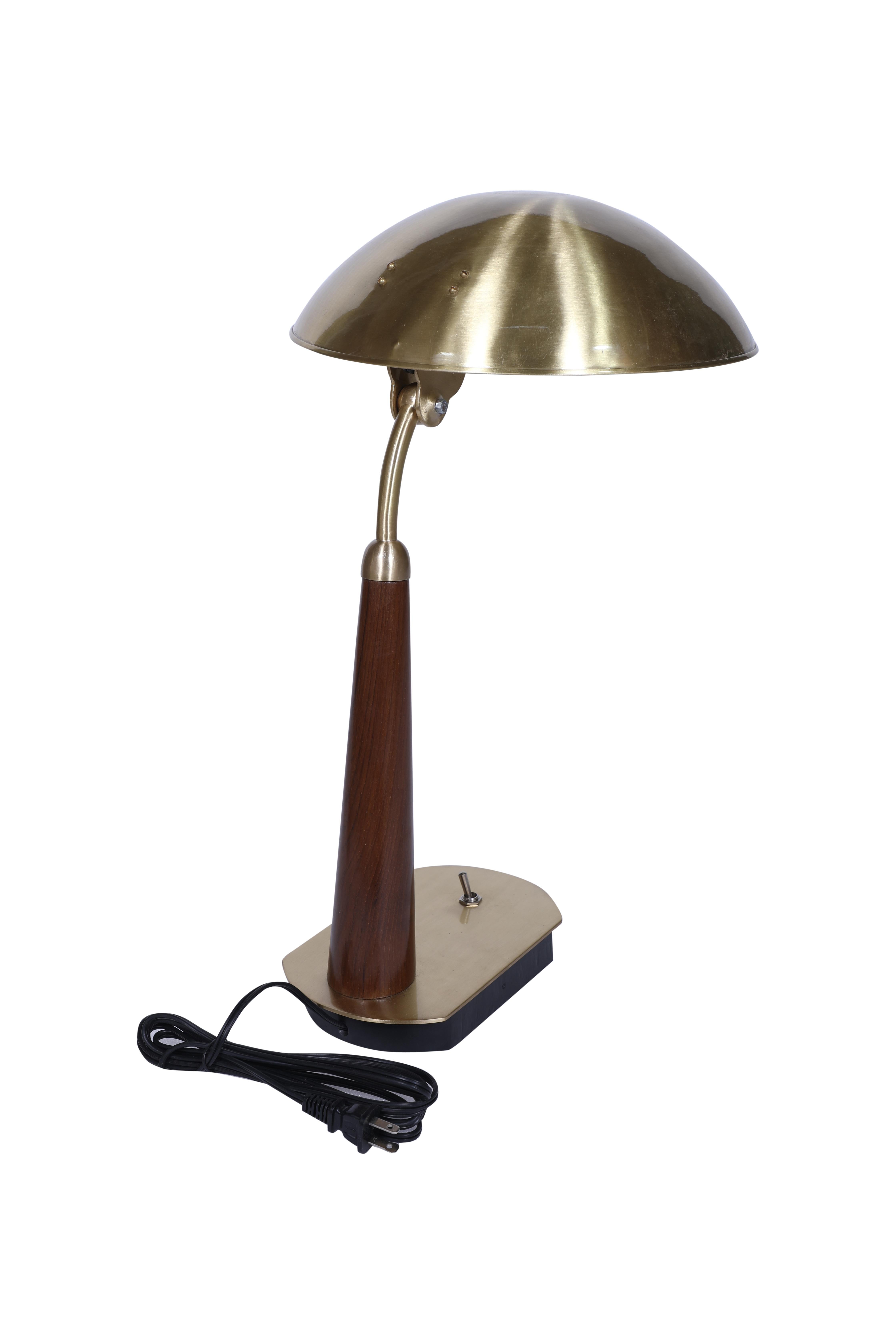 Industrial Pair of Nautical Brass and Teak Ship's Desk or Table Lights For Sale