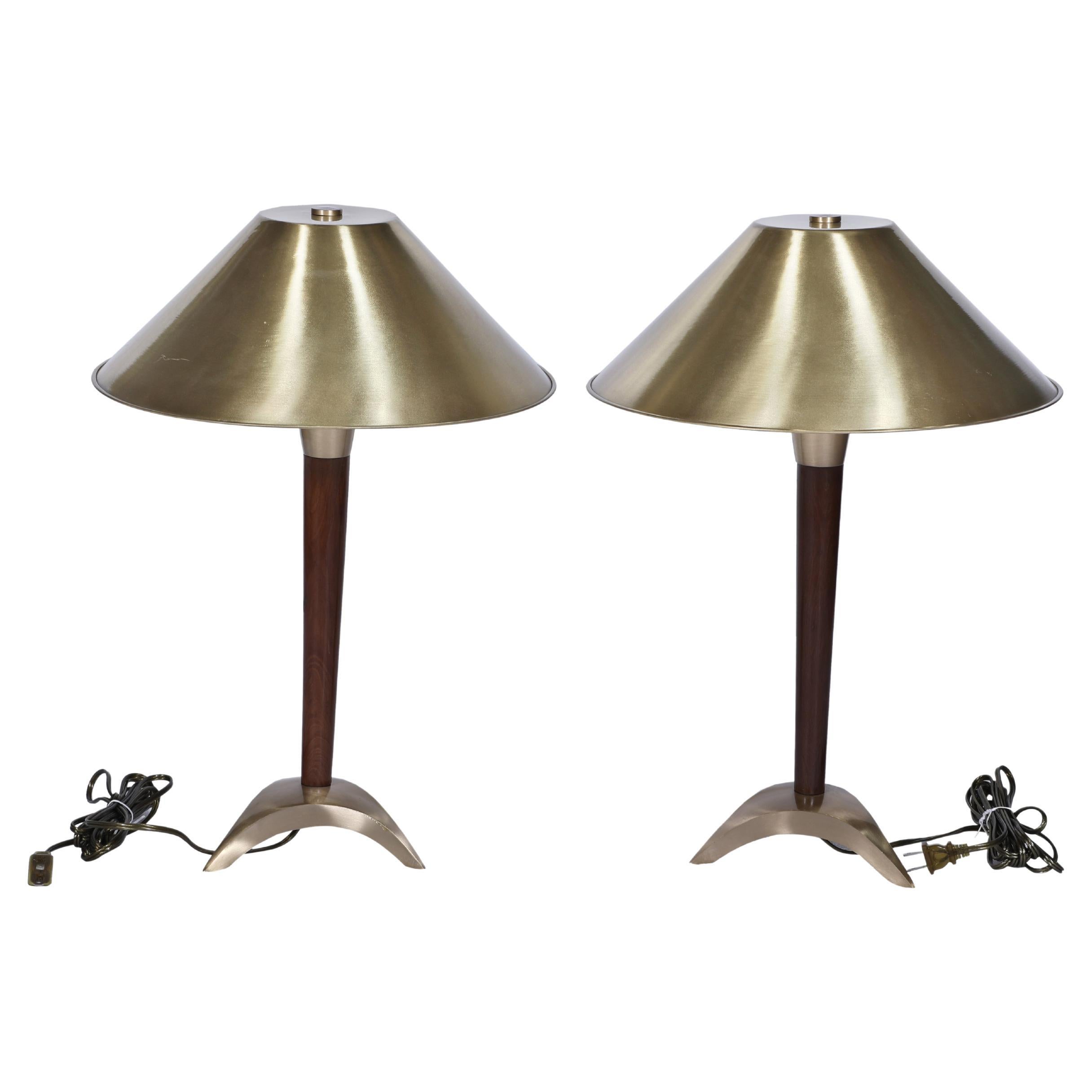 Pair of Nautical Brass and Teak Ship's Stateroom Table Lamps For Sale