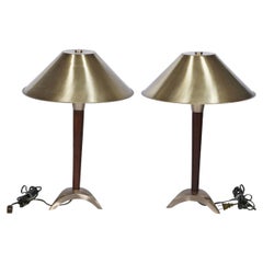 Retro Pair of Nautical Brass and Teak Ship's Stateroom Table Lamps