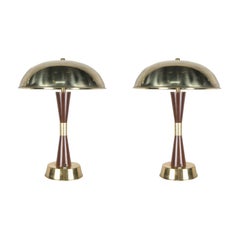 Pair of Nautical Brass and Teak Table Lamps from Ship's Stateroom