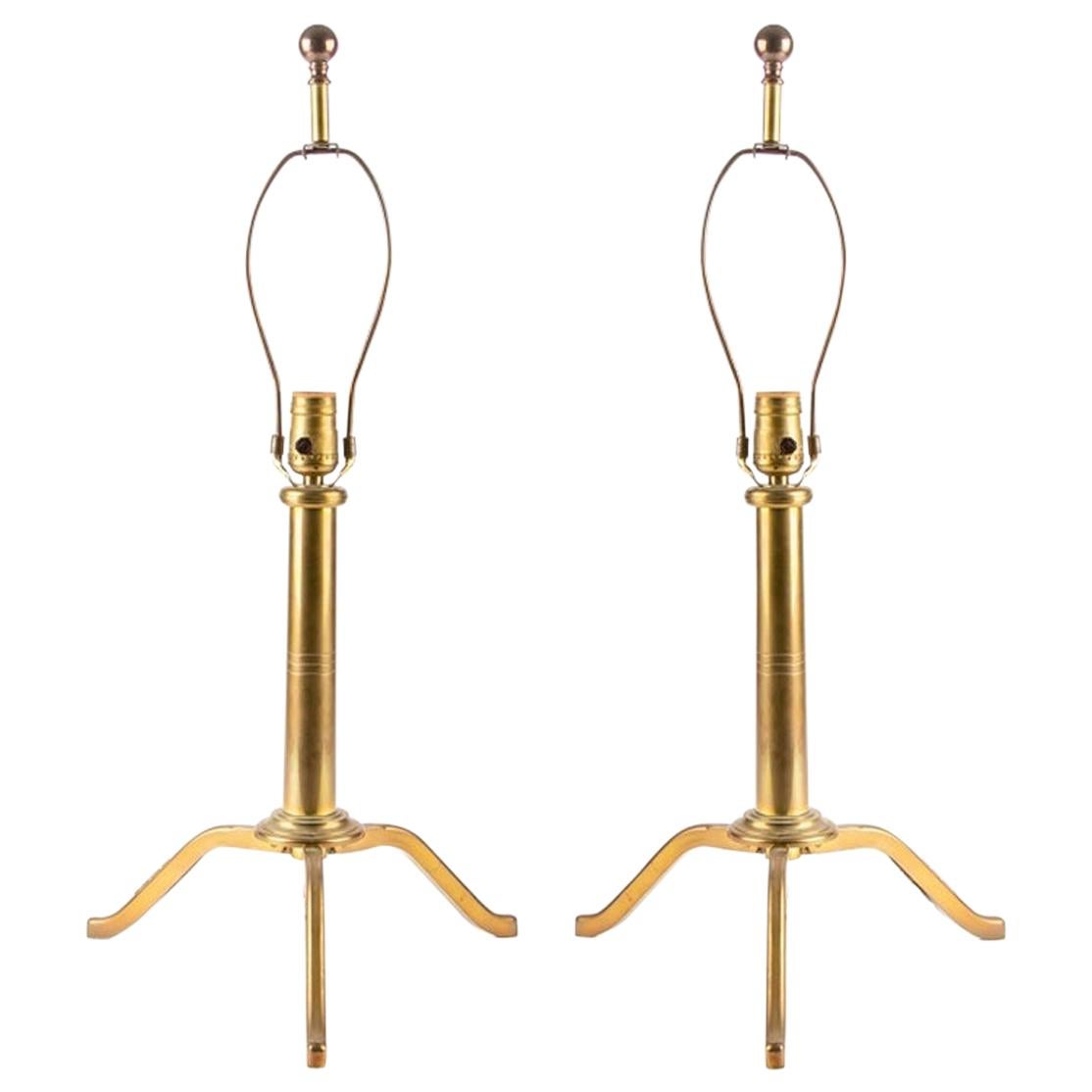 Pair of Nautical Brass Collapsible Tripod Stands Re-Configured as Lamps