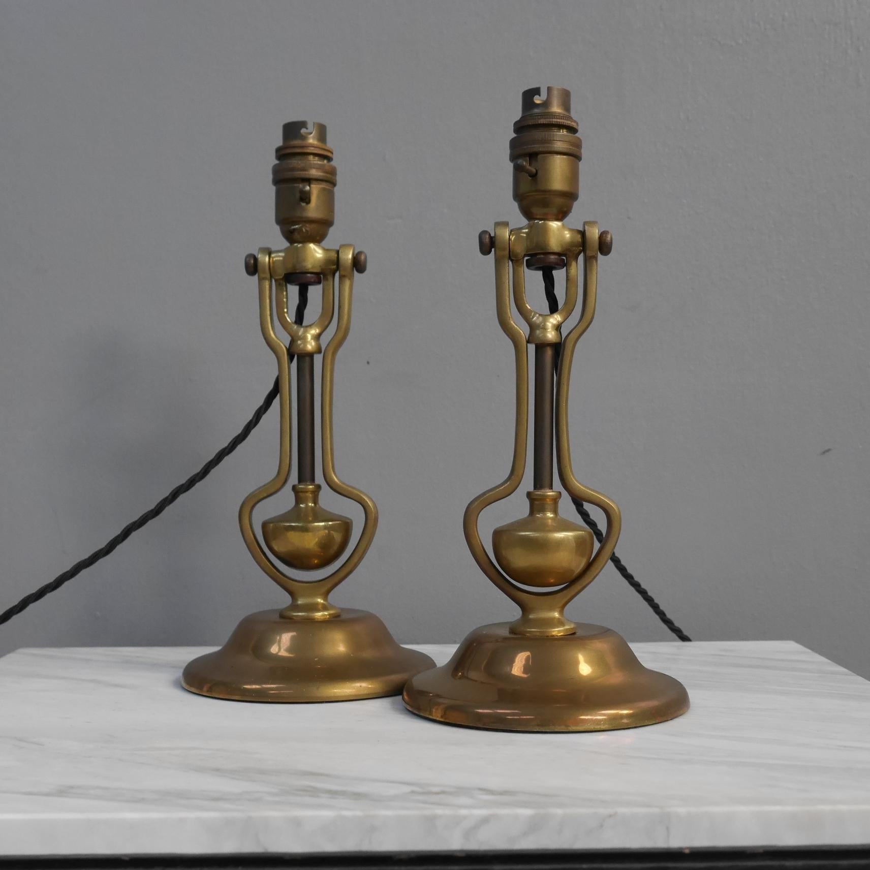 Arts and Crafts Pair of Nautical Brass Gimbal Lamps c1920 For Sale