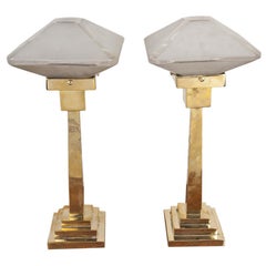 Pair of Nautical Brass Table Lamps with Frosted Glass Shades