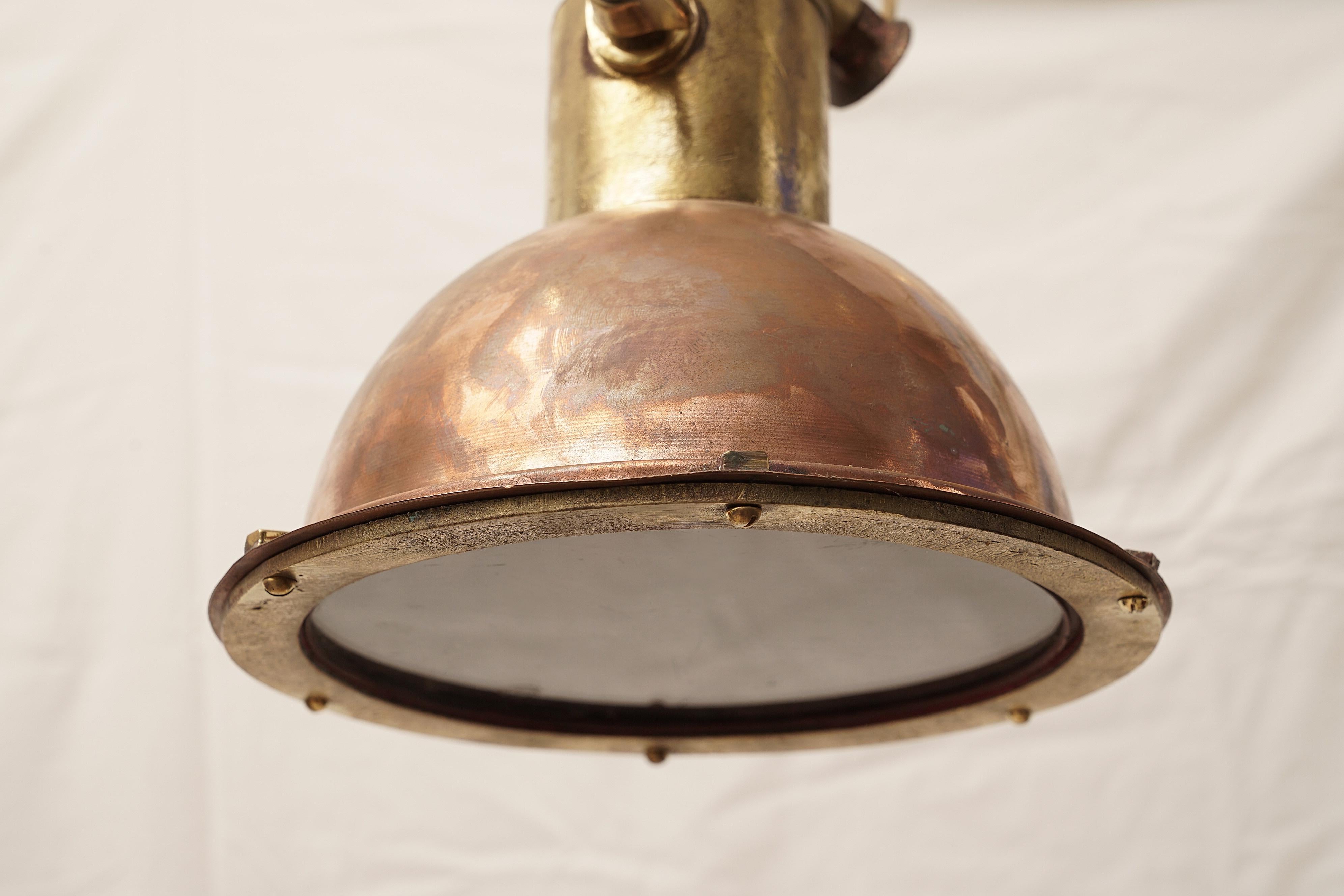 Pair of Nautical Copper and Brass Pendant Light Lanterns In Good Condition In Nantucket, MA