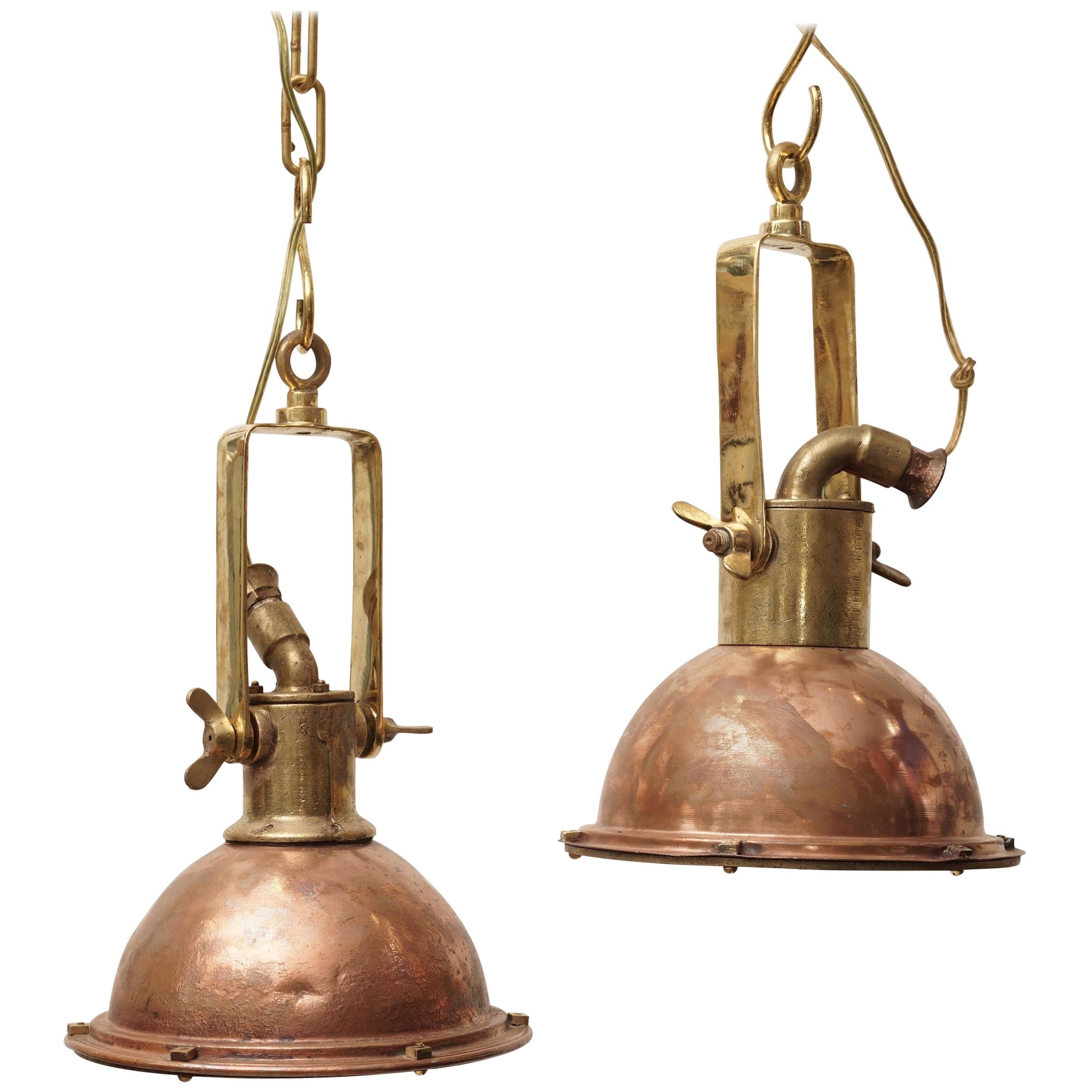 Pair of Nautical Copper and Brass Pendant Light Lanterns