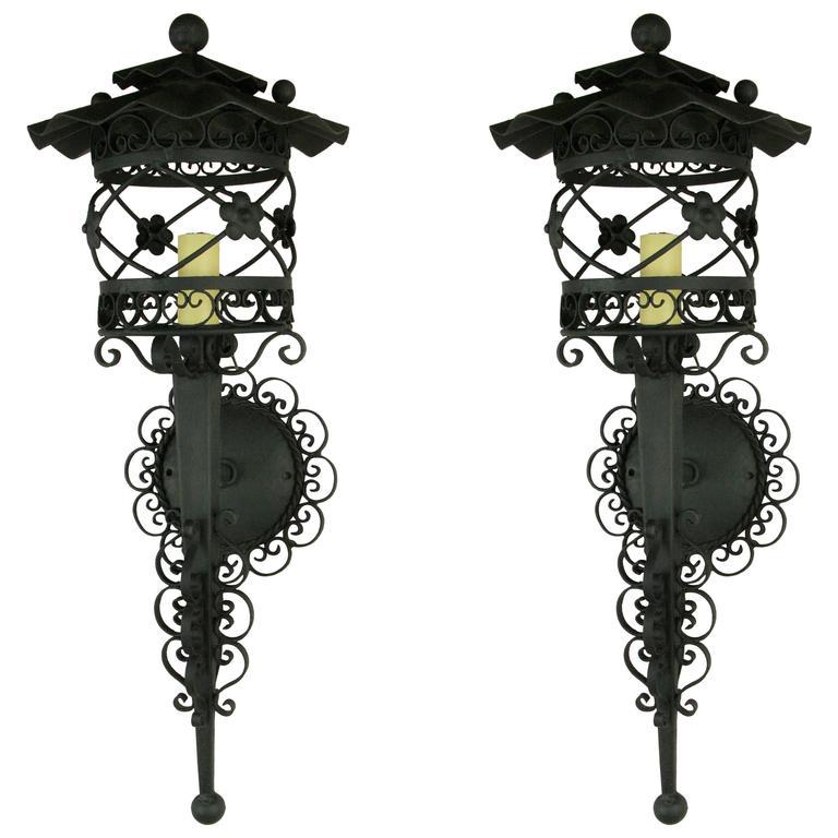 Early 20th Century  Pair of French Scrolled Lantern Sconces, 1920s