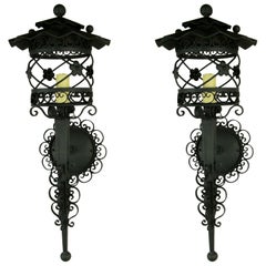 Pair of French Scrolled Lantern Sconces, 1920s