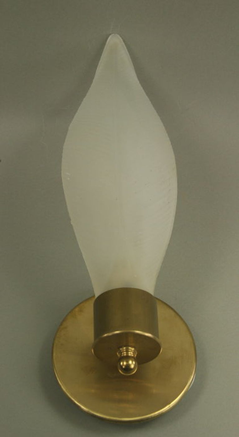 Pair of Mid Century  Frosted Glass Leaf Sconces In Good Condition For Sale In Douglas Manor, NY