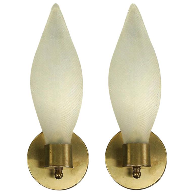 Pair of Mid Century  Frosted Glass Leaf Sconces