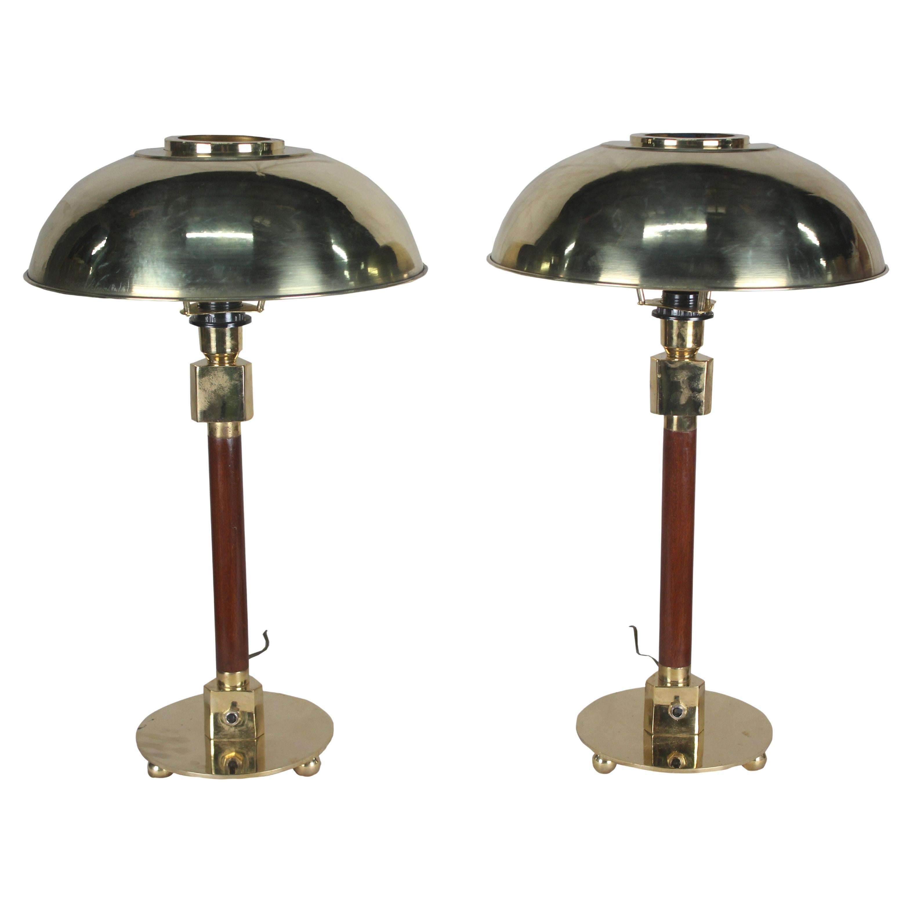 Pair of Nautical Teak and Brass Nautical Ship's Stateroom Table Lamps