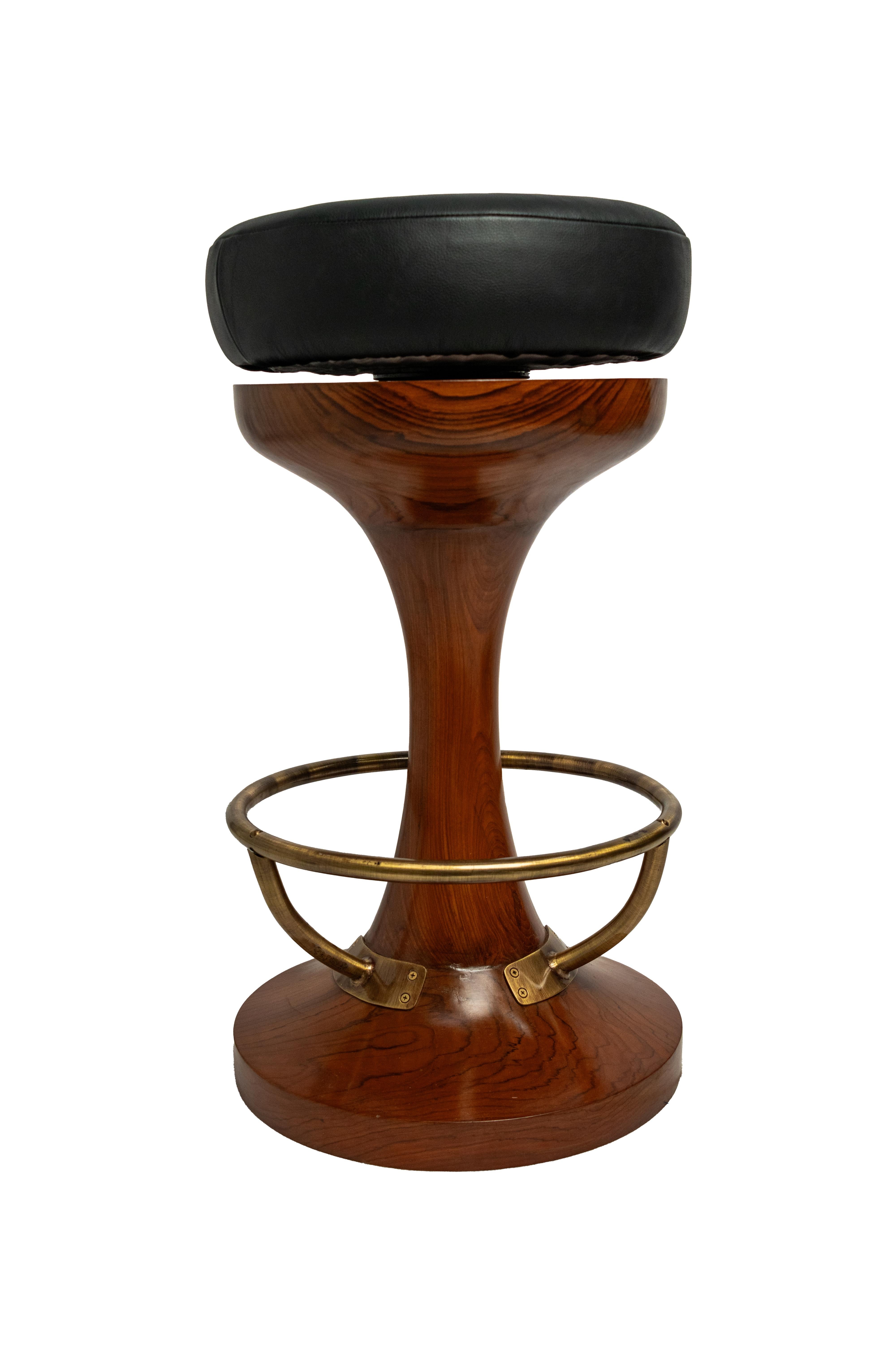 Mid-Century Modern Pair of Nautical Teak, Brass and Leather Swivel Bar Stools