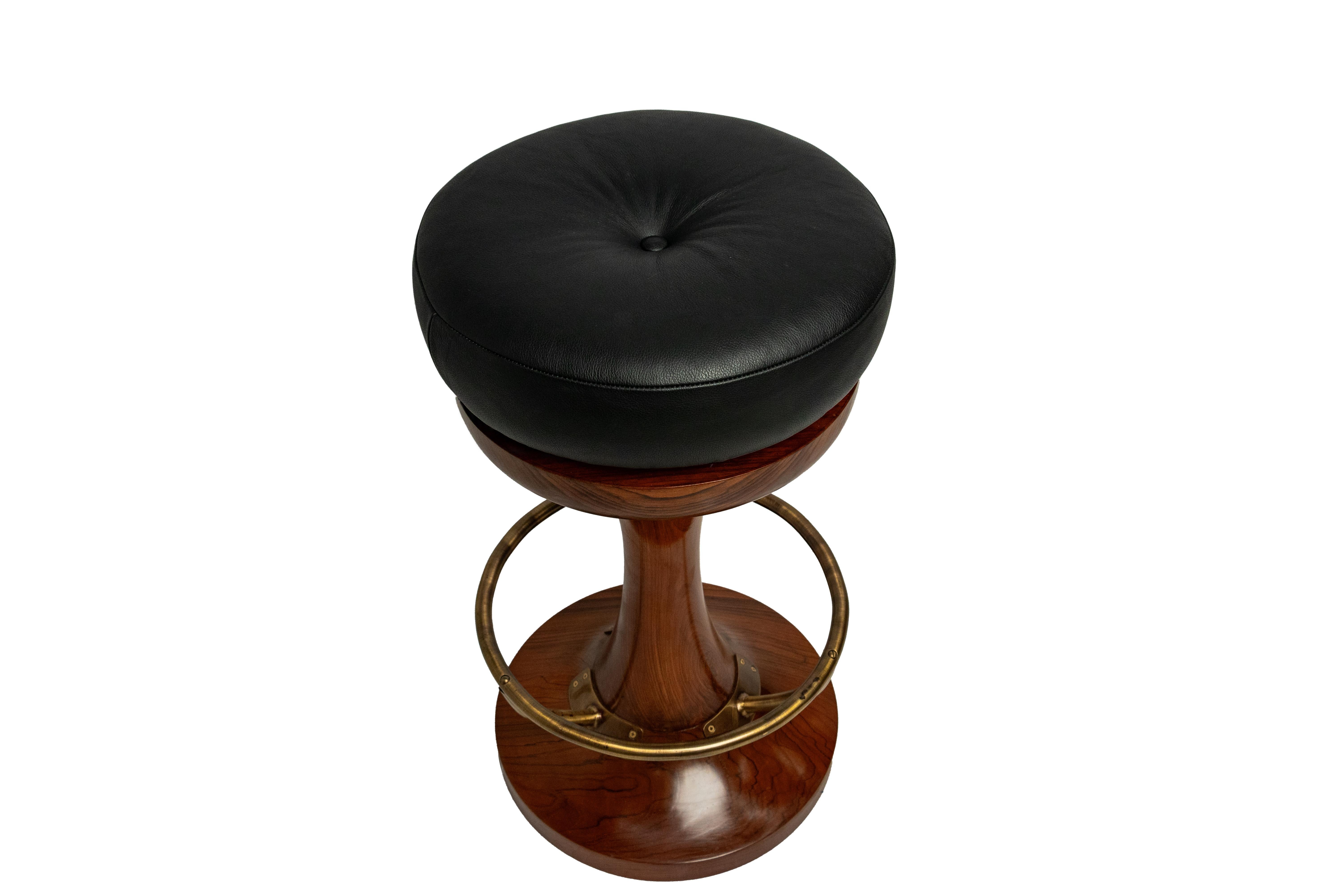 Pair of Nautical Teak, Brass and Leather Swivel Bar Stools In Good Condition In Nantucket, MA