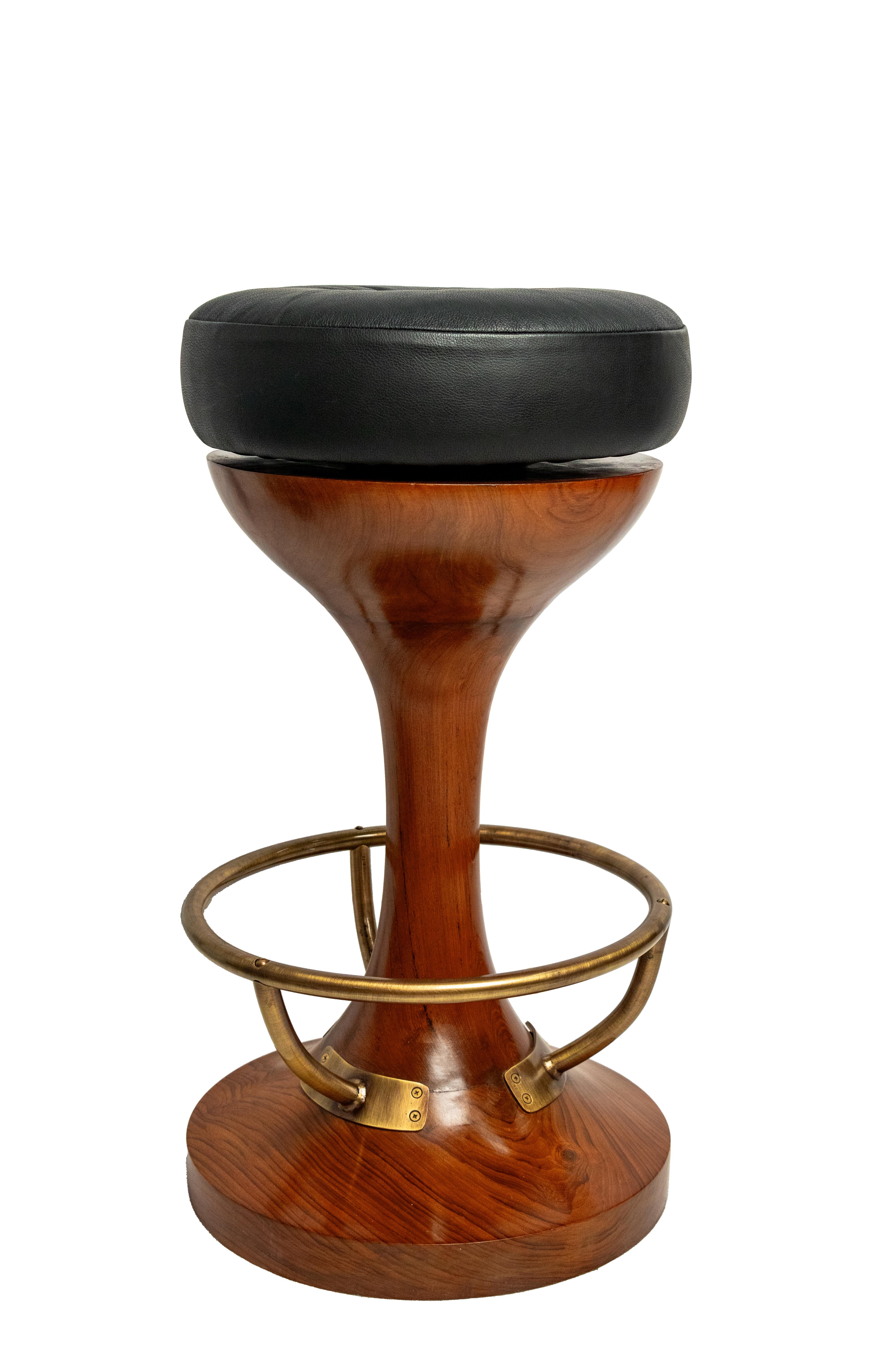 20th Century Pair of Nautical Teak, Brass and Leather Swivel Bar Stools