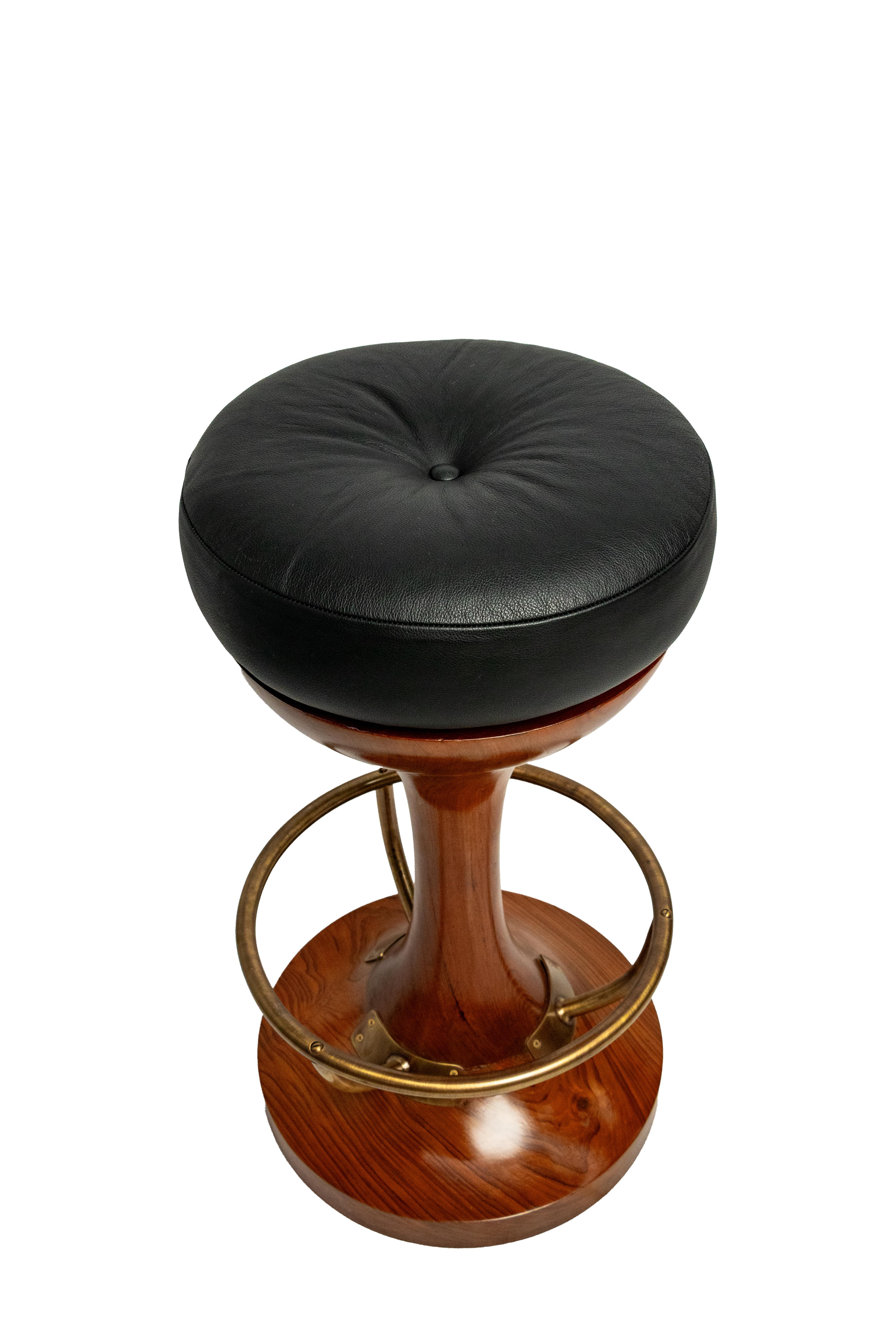 Pair of Nautical Teak, Brass and Leather Swivel Bar Stools 1