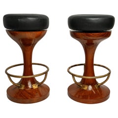 Pair of Nautical Teak, Brass and Leather Swivel Bar Stools