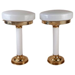 Retro Pair of Nautical White Opaque Glass and Brass Table Lamps, Mid-Century Modern