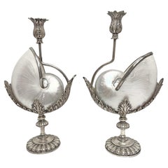 Paire de chandeliers argentés en forme de coquillage de Nautilus
