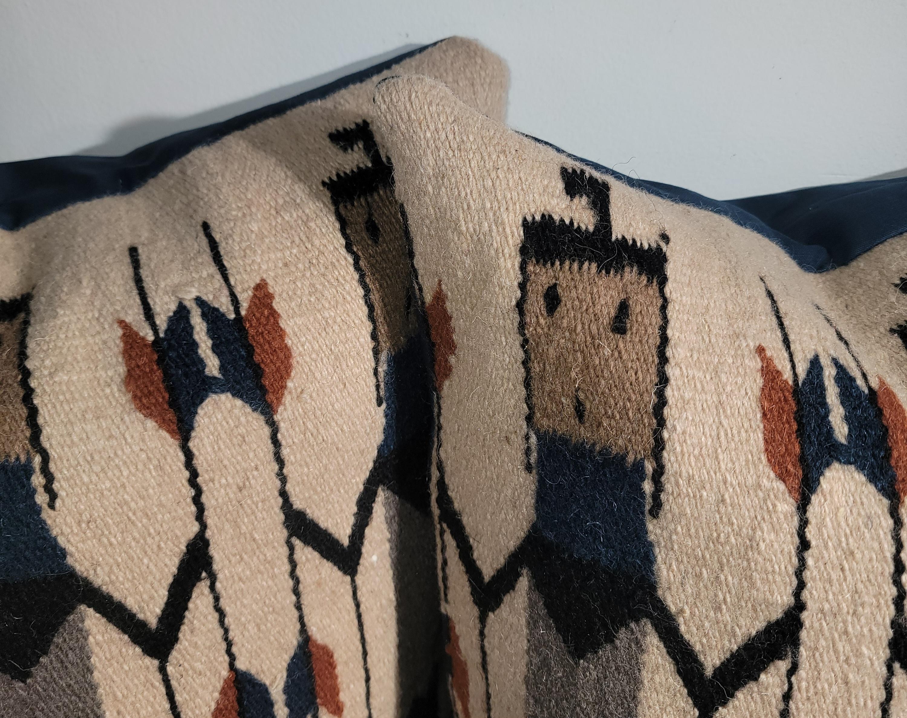 American Pair of Navajo Yei Weaving Pillows With Blue Linen Backing For Sale