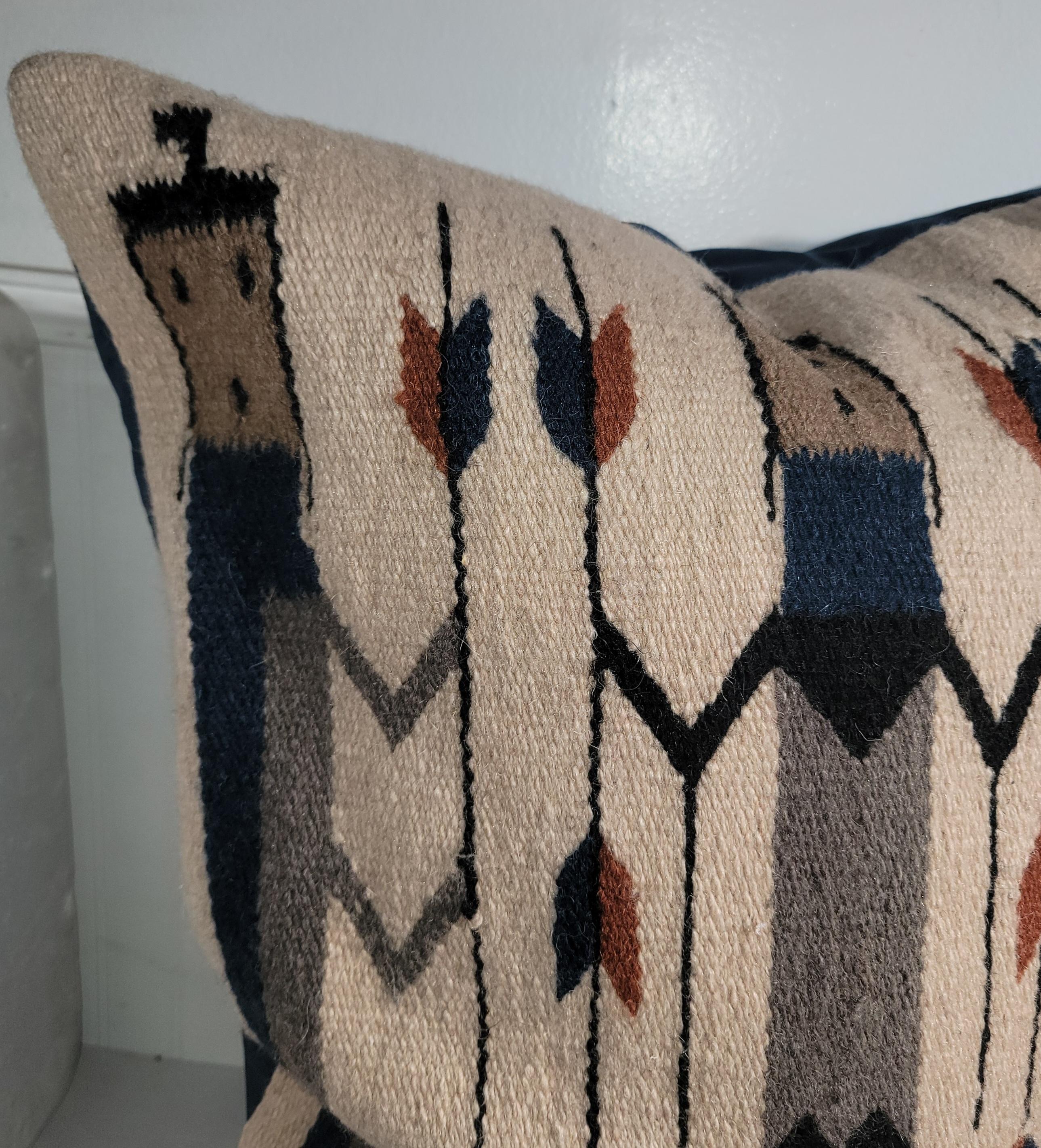 Pair of Navajo Yei Weaving Pillows With Blue Linen Backing In Good Condition For Sale In Los Angeles, CA