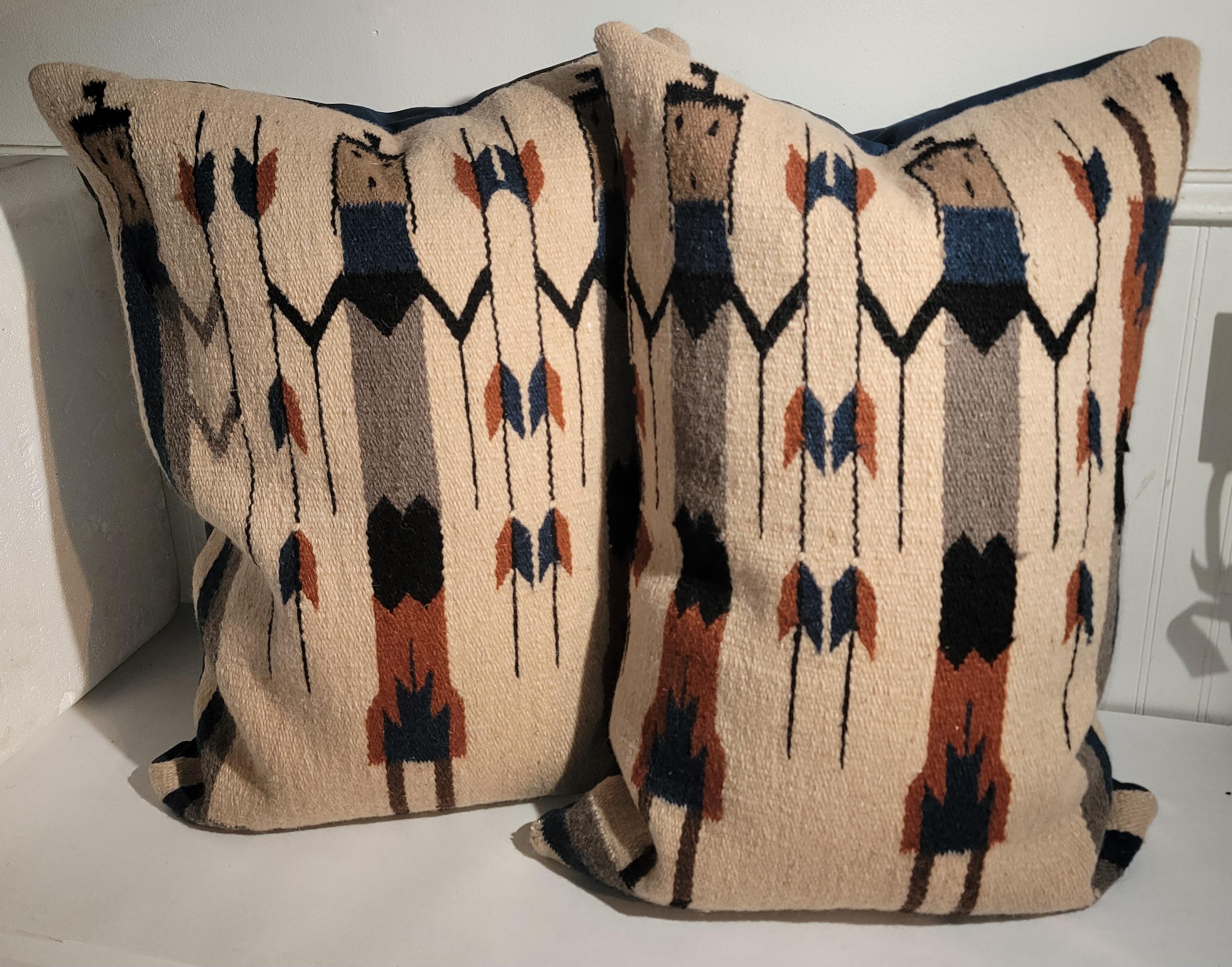 20th Century Pair of Navajo Yei Weaving Pillows With Blue Linen Backing For Sale