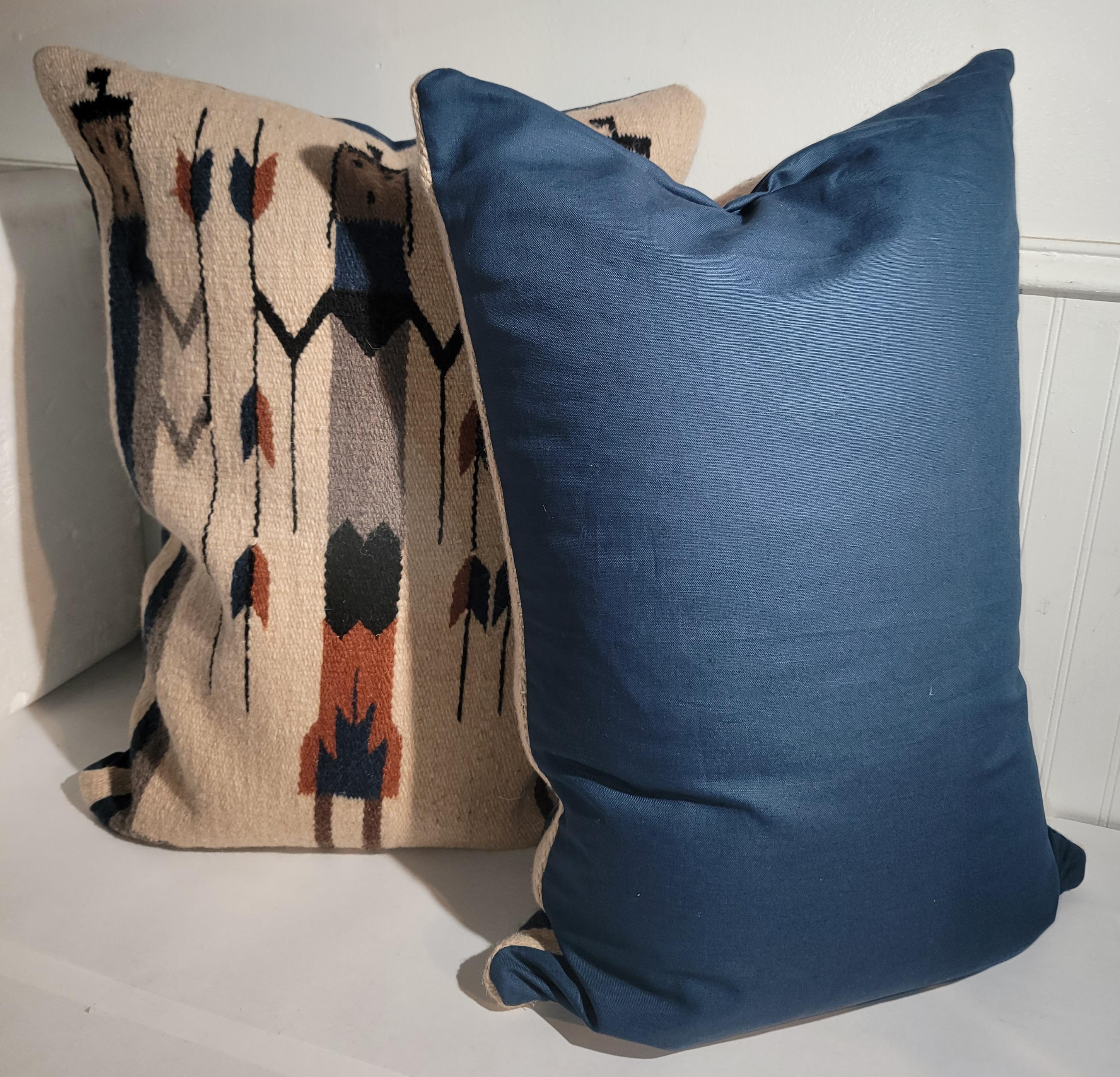 Wool Pair of Navajo Yei Weaving Pillows With Blue Linen Backing For Sale